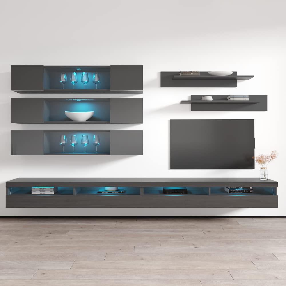 Modern Gray Wall-Mounted TV Stand with Storage Shelves & LED Lights - Floating Entertainment Center Console for Living Room & Bedroom - Perfect for Small Spaces, Home Theater Setup & Stylish Media Organization