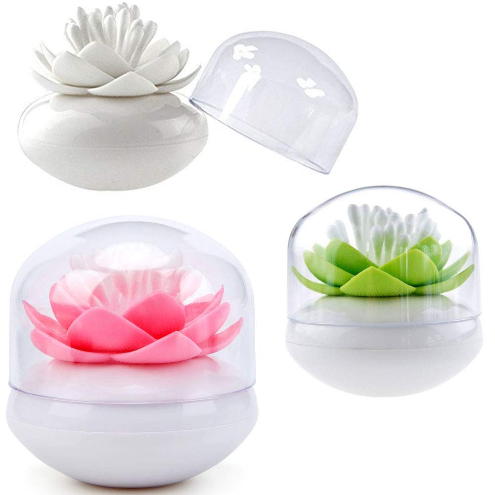 3-Piece Lotus Cotton Swab Holder Set with Clear Dustproof Lid - Q-Tips, Toothpicks & Makeup Brush Organizer (Green, Pink, White) - Perfect for Bathroom Counter, Vanity & Travel Storage