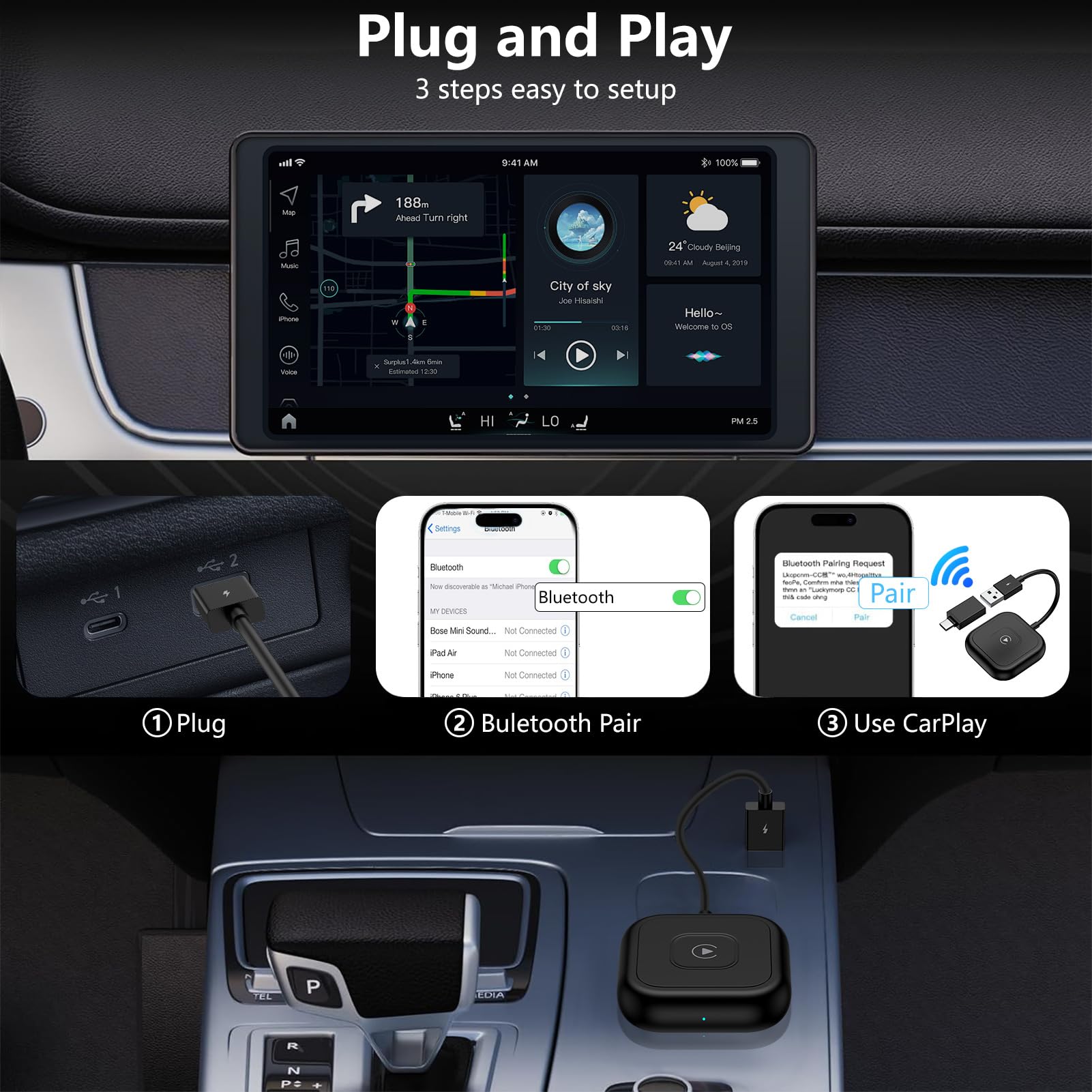 Wireless CarPlay Adapter for iPhone 16/15/14/13 - Plug & Play Auto Connect - Convert Wired to Wireless CarPlay - Compatible with 2016+ Cars & iOS 10+ - Perfect for Commuting, Road Trips & Hands-Free Driving