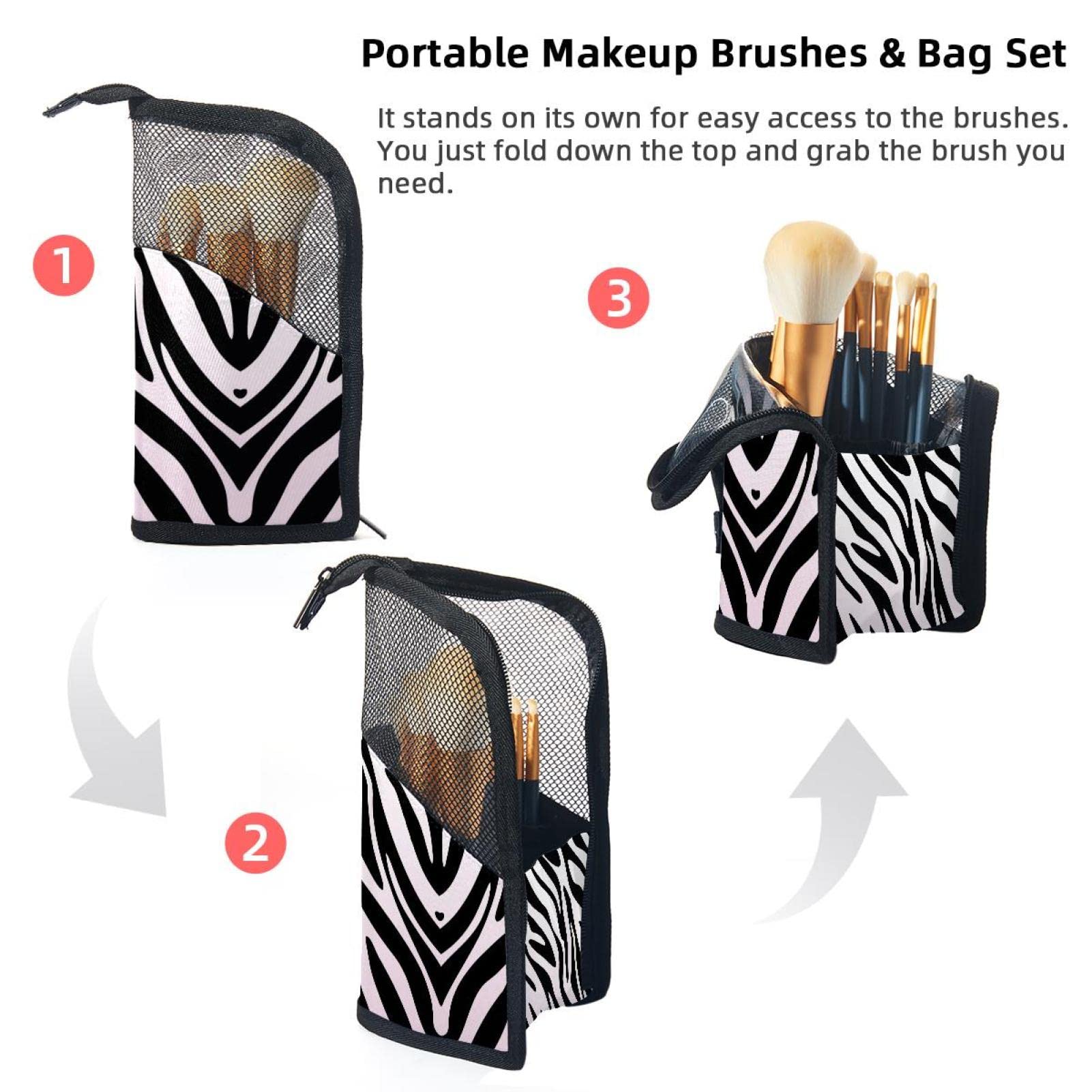 Portable Pink Zebra Stripes Makeup Brush Organizer Bag with 12 Brush Holder - Perfect for Travel, Home Vanity & Professional Makeup Artists