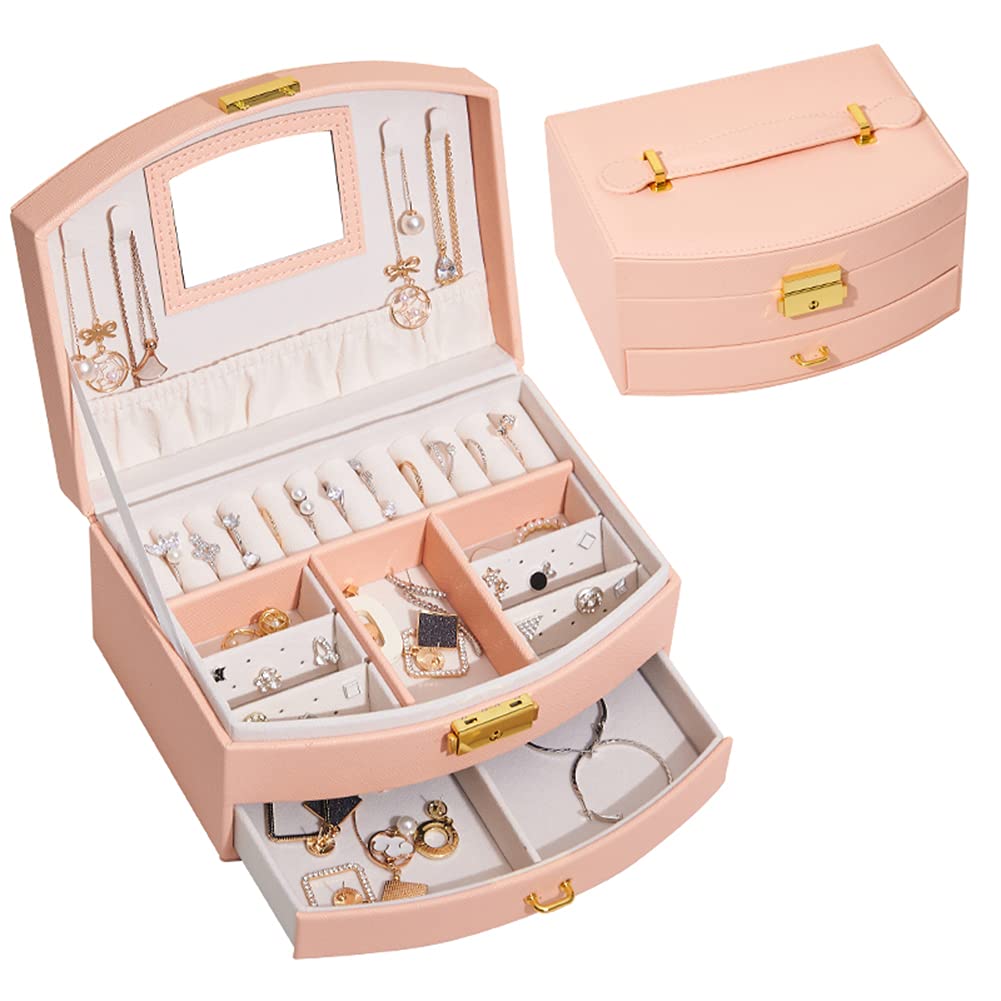 ROYALFAIR 2-Layer Lockable Jewelry Box Organizer with Mirror for Women - Pink Jewelry Storage Case for Earrings, Rings, Necklaces & Bracelets | Perfect for Bedroom Vanity, Travel & Gift Giving