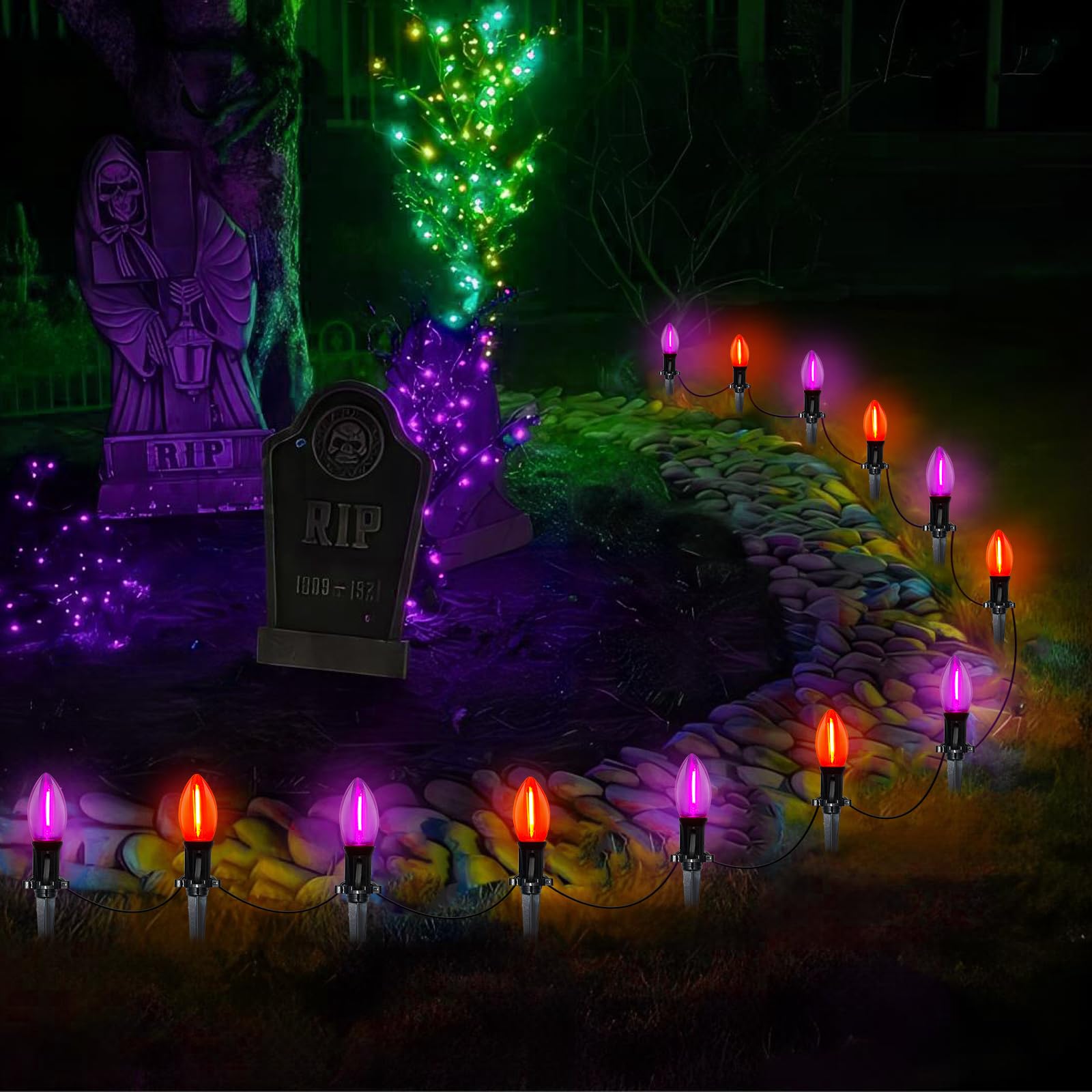 10 Pack Halloween Pathway Lights - Outdoor LED Stake Lights with C9 Clear Purple & Orange Bulbs, 19.5Ft Extendable Walkway Lighting for Garden, Yard, Porch, Driveway & Sidewalk - Perfect for Halloween Party Decorations & Spooky Nighttime Ambiance