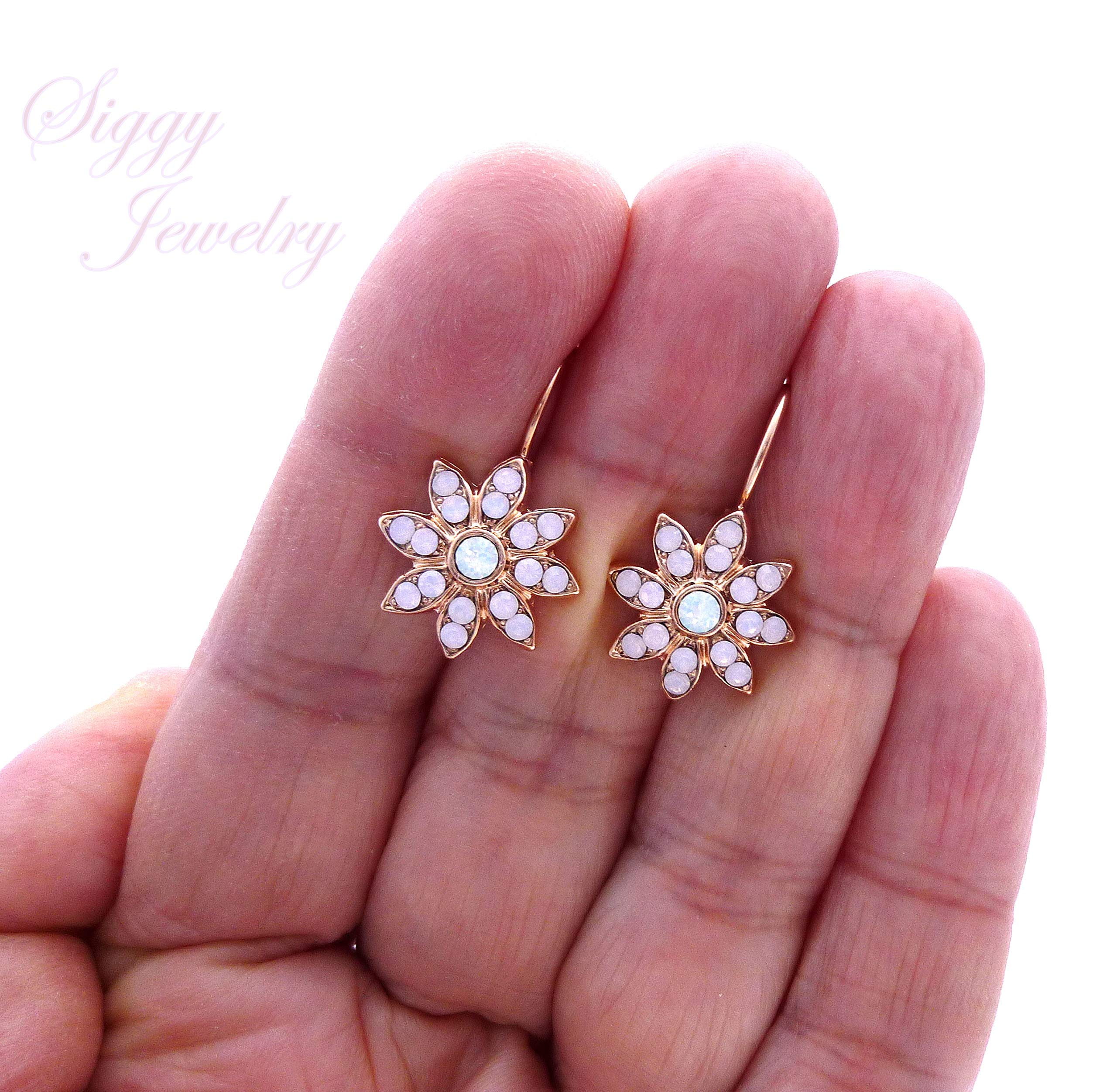 Genuine Austrian Crystal Flower Cluster Earrings - Rose Water Opal & White Opal Snowflake Design, Lever Back Rose Gold Finish | Elegant Jewelry for Weddings, Parties & Special Occasions