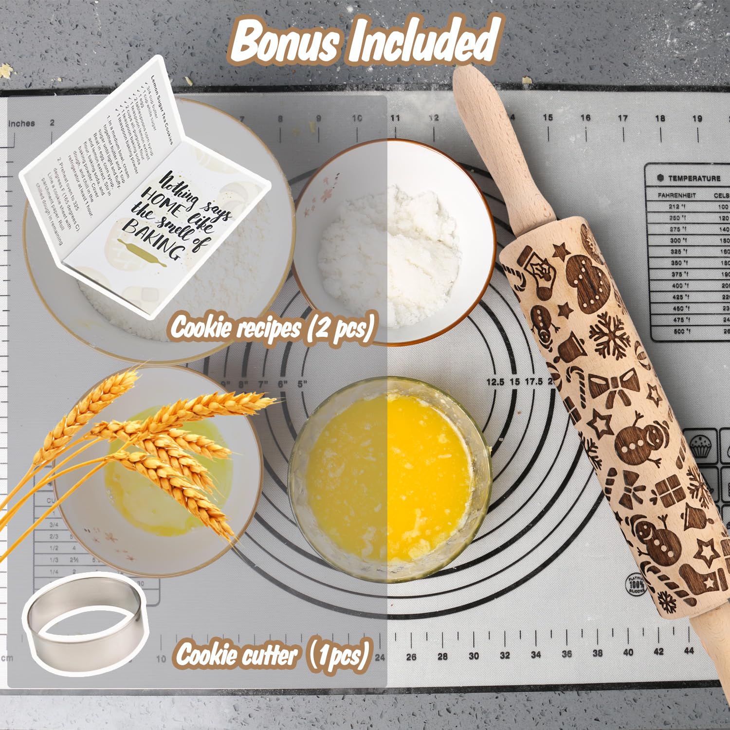 Christmas Snowflake & Snowman Embossed Rolling Pin - Wooden Engraved Cookie Dough Roller for Baking, Springerle, Clay Pottery & Ceramic Crafts - Perfect Holiday Gift for Bakers, Women & Kids (Ideal for Christmas Cookies, DIY Crafts & Family Baking Activities)