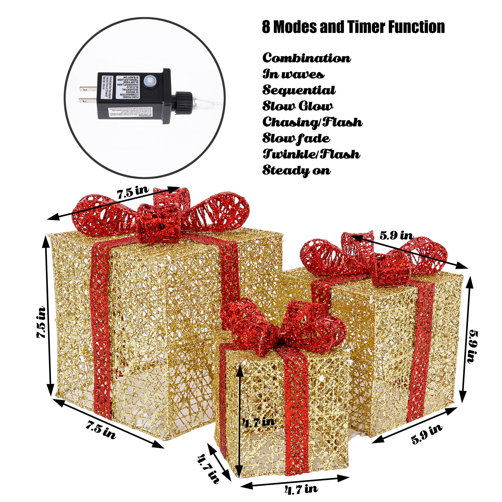 Sunnyglade 3-Piece Christmas Lighted Gift Box Set with Bows - Gold Holiday Decor for Home & Weddings