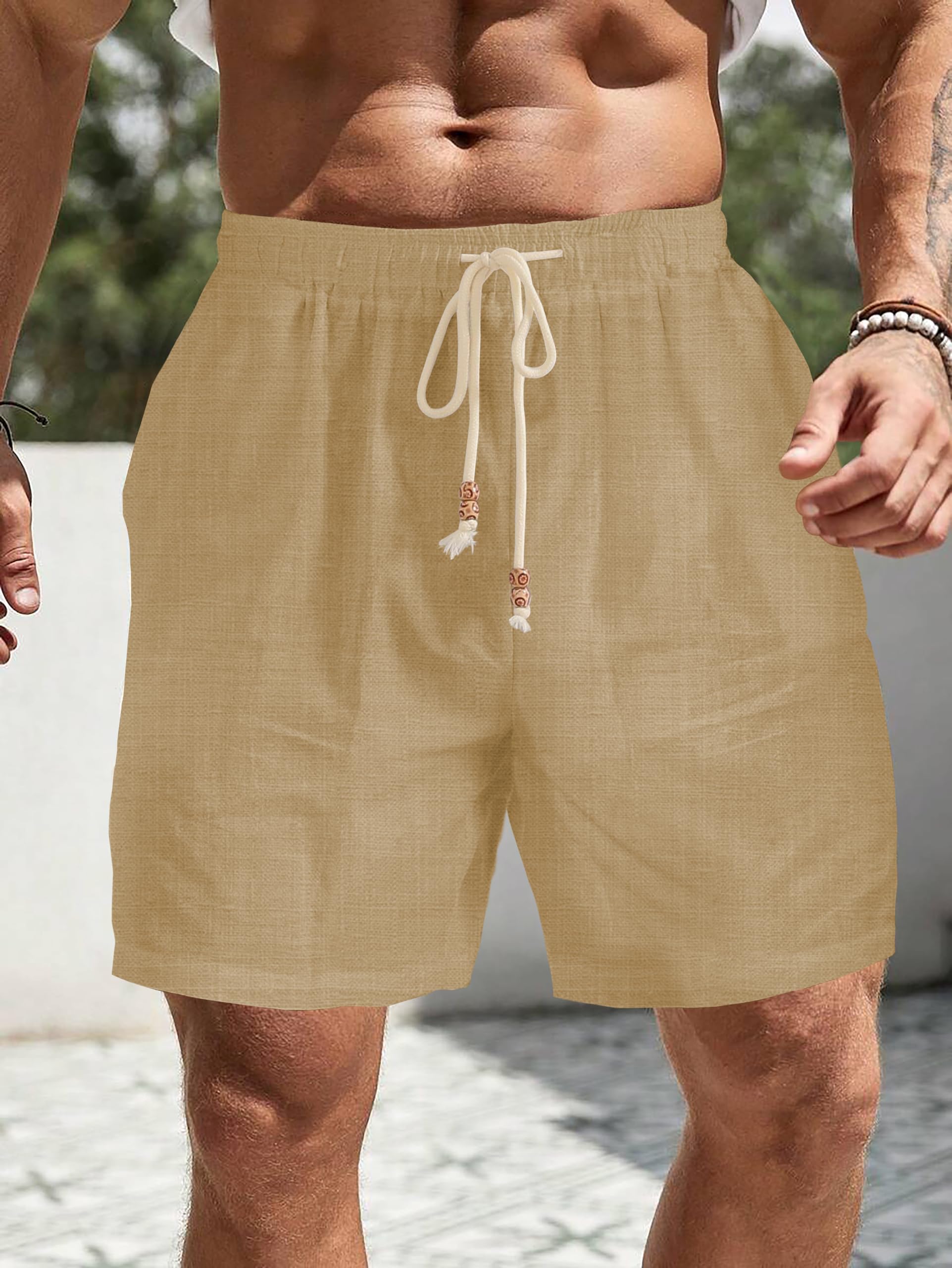 **Men's Linen Flat Front Shorts - Casual Elastic Waist Drawstring Summer Beach Shorts with Pockets - Perfect for Travel, Vacation & Outdoor Activities**