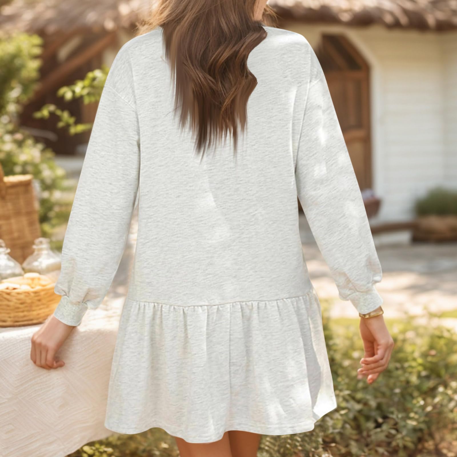 Women's Long Sleeve Crewneck Sweatshirt Dress - Fall Babydoll Pullover with Flowy Ruffled Hem | Casual Mini Dress for Date Night, Weekend Outfits & Layering
