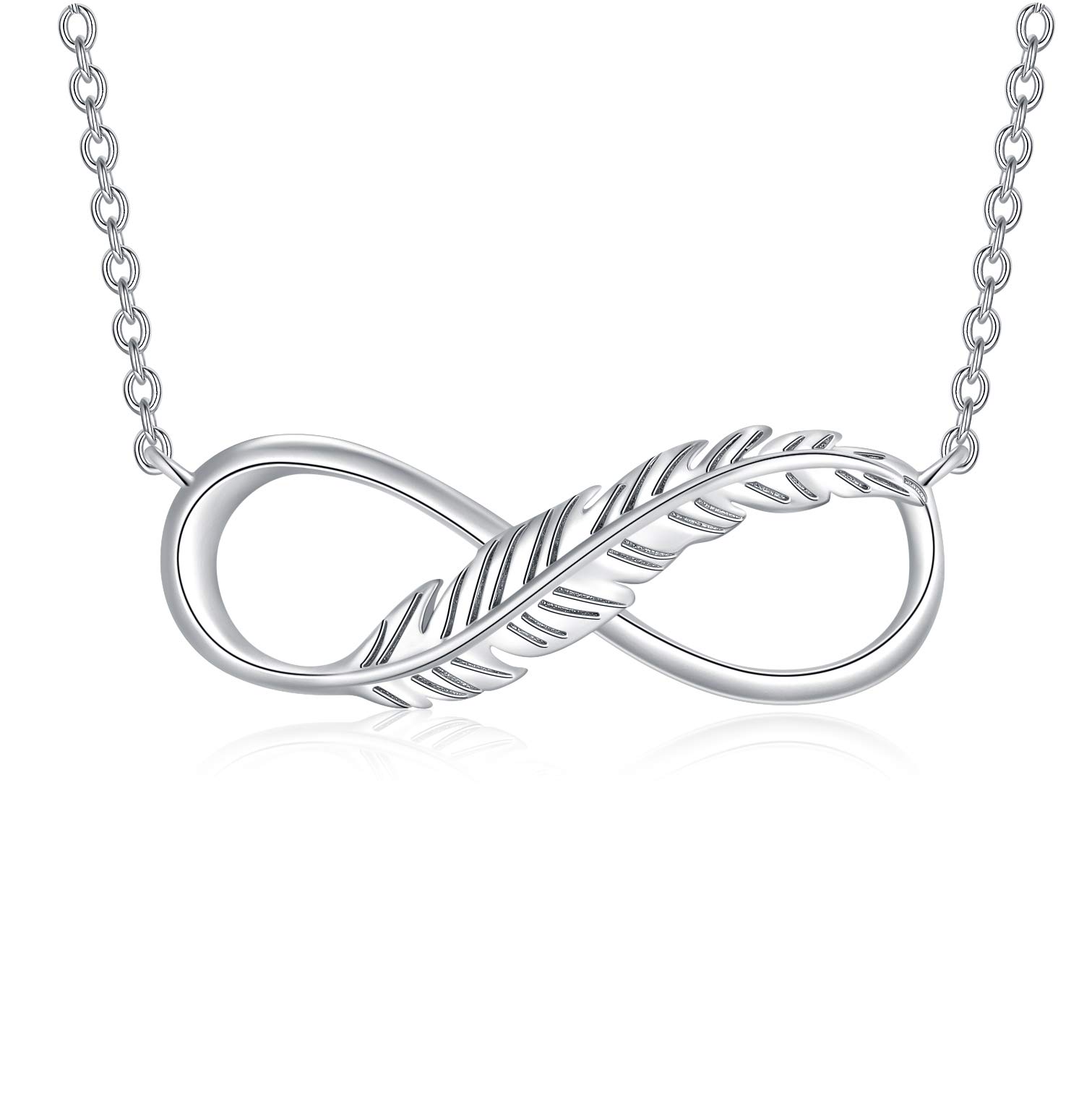 925 Sterling Silver Infinity Feather Necklace for Women - 18