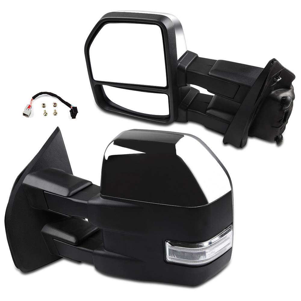 2015-2017 Ford F150 Power Adjustable Heated Towing Mirrors with Turn Signal & Puddle Light - Chrome Housing & Conversion Plug Kit (Pair) - Perfect for Enhanced Visibility & Safety While Towing or Night Driving