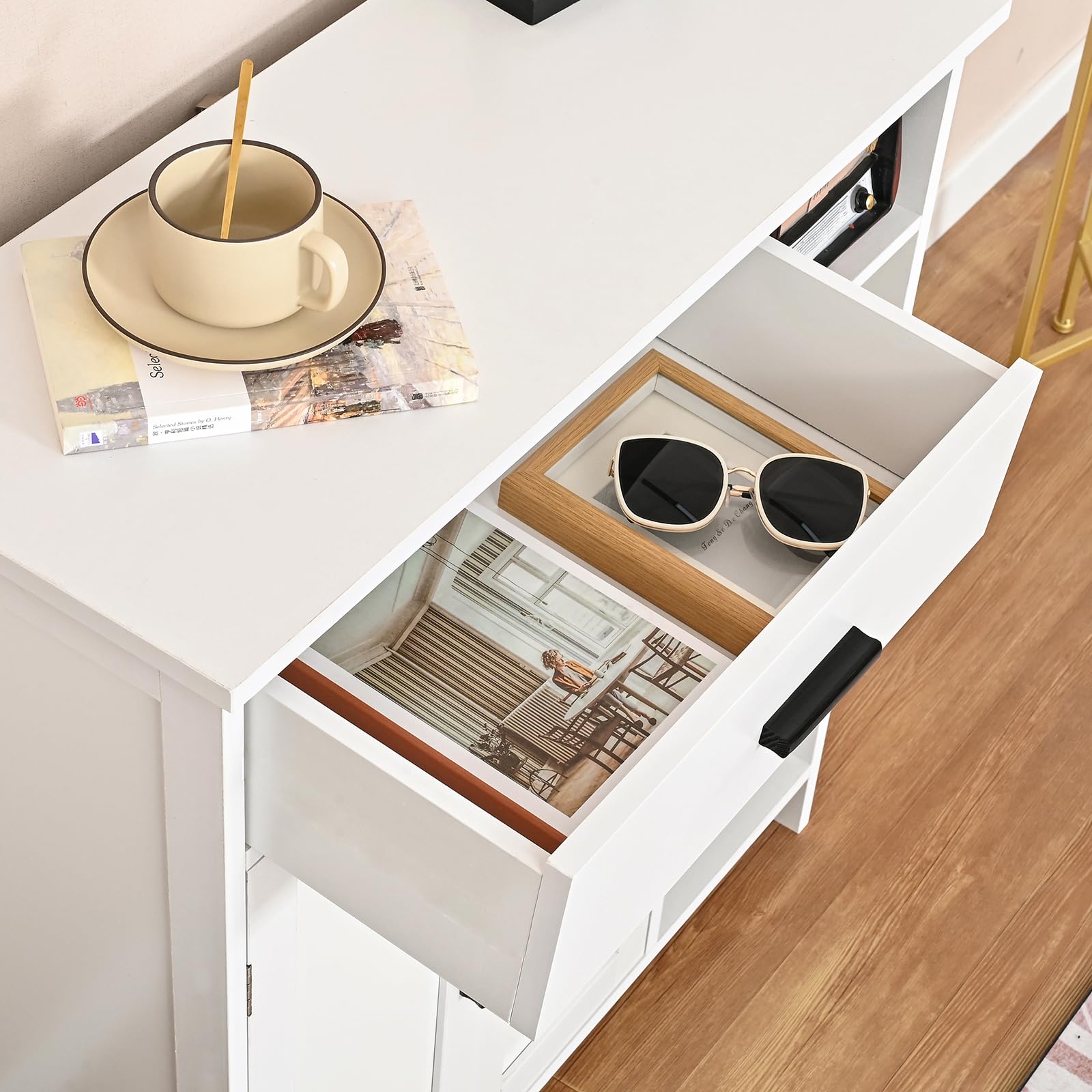WEENFON Modern Storage Cabinet with Doors, Shelves & Drawer - White Bathroom Organizer, Kitchen Coffee Bar Cabinet, Living Room Floor Cabinet for Home Organization