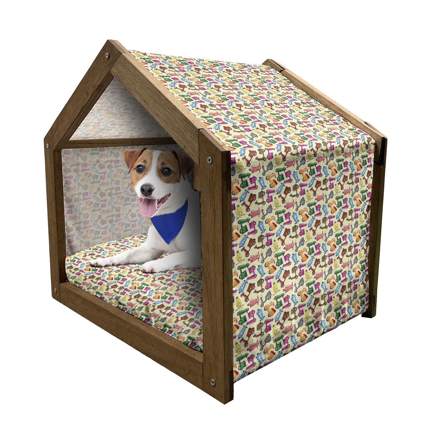 Ambesonne Wooden Pet House for Dogs - Colorful Motorcycles Pattern with Fun Toys Design, Indoor & Outdoor Portable Dog Kennel with Removable Pillow & Cover - Medium Size, Blue & Yellow - Perfect for Home, Yard, or Travel Use