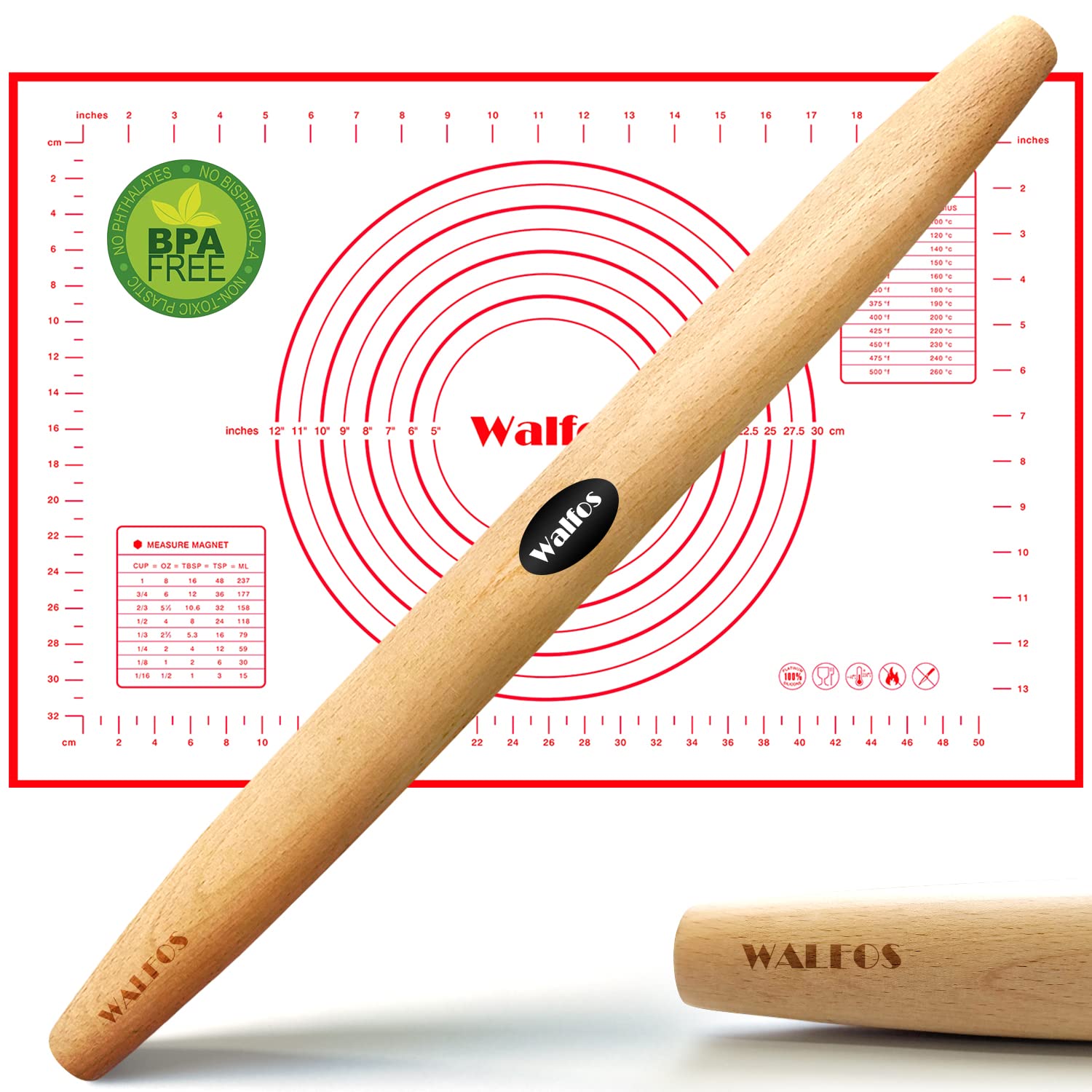 Premium WALFOS French Rolling Pin & Non-Stick Silicone Baking Mat Set - 15.7 Inch Beechwood Pastry Roller & Dough Mat for Perfect Pie Crust, Cookies, Pasta & Pizza | Ideal for Home Baking, Holiday Cooking & Professional Kitchen Use