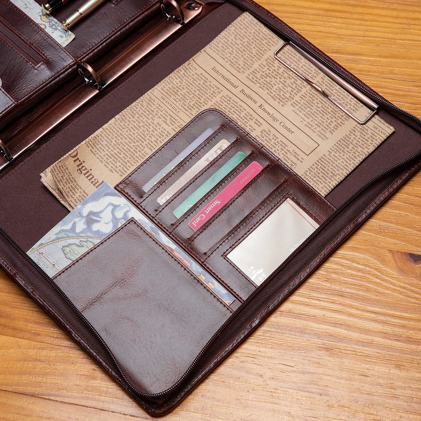 YIWEN Handmade Genuine Leather Portfolio - Zippered Business Padfolio with 3-Ring Binder, Professional Organizer for Resume, Documents & Tablet (Oil Wax Finish) | Perfect for Office Meetings, Job Interviews & Executive Gifts