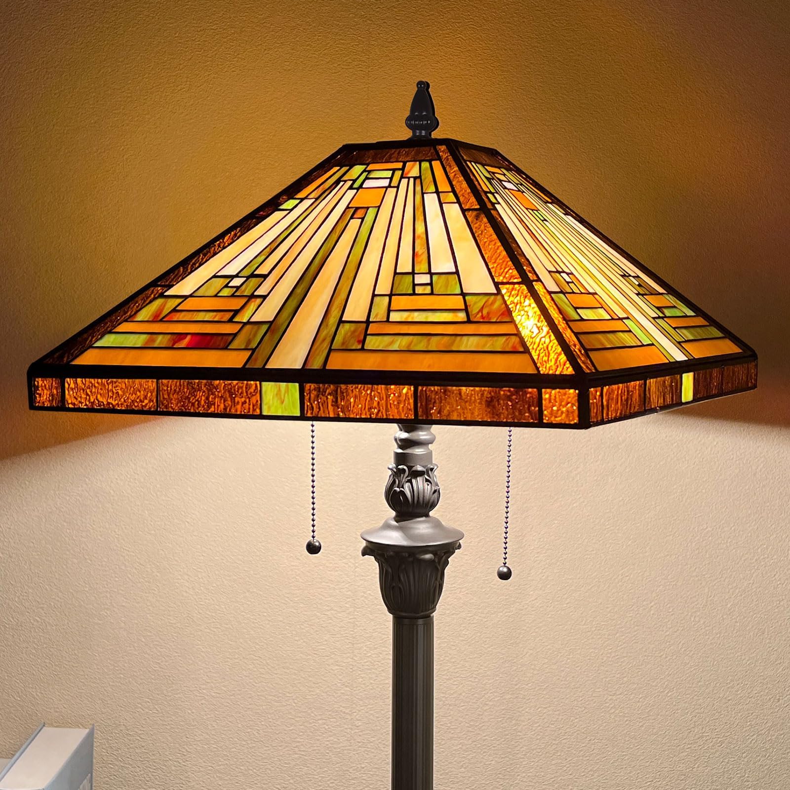 16 Inch Tiffany Style Stained Glass Lamp Shade - Amber Brown Mission Square Design for Table & Floor Lamps | Perfect Replacement Shade for Living Room, Bedroom, or Office Decor