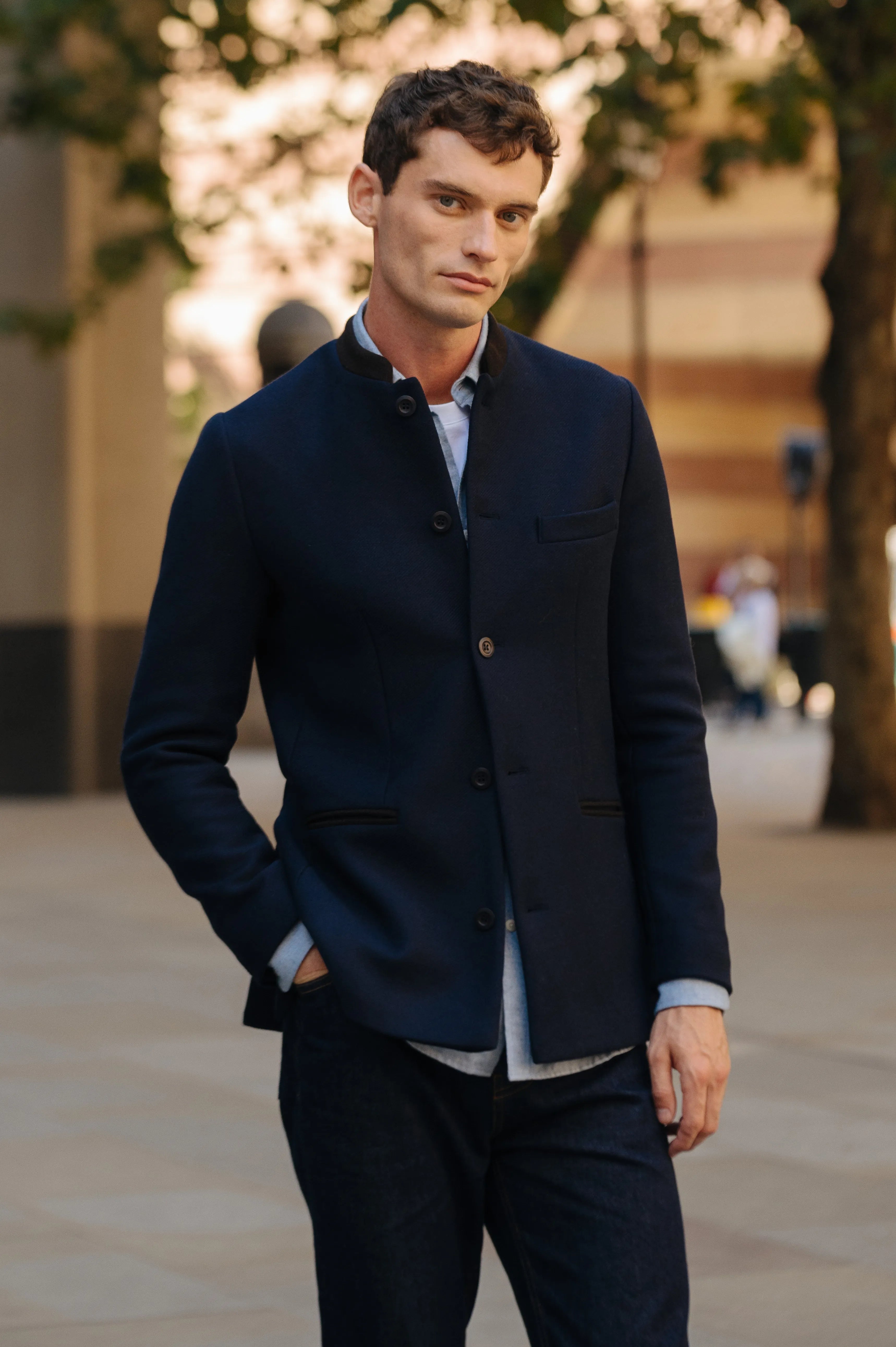 Premium Navy & Brown Wool Cashmere Nehru Jacket for Men - Elegant Formal Wear for Weddings, Parties & Business Events