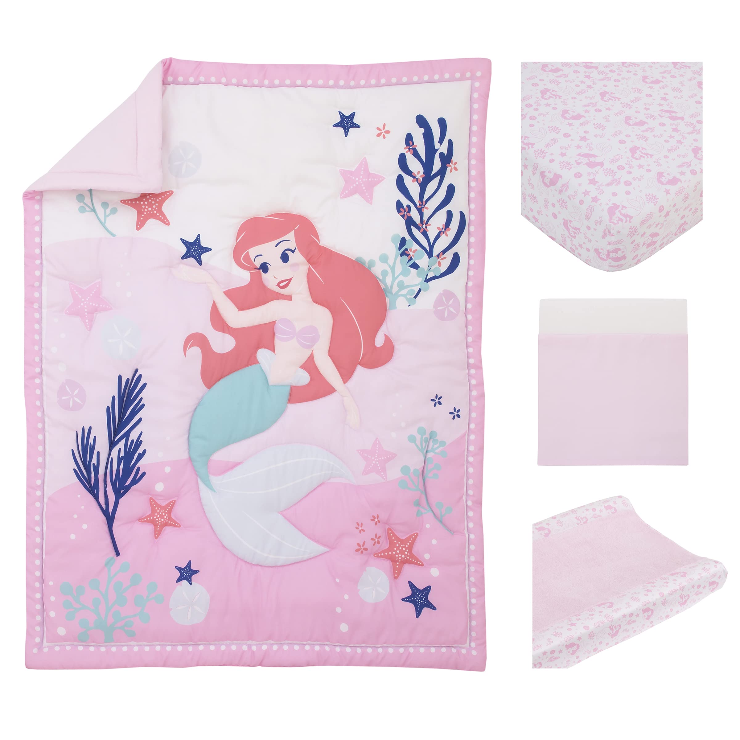 Disney The Little Mermaid Ariel 4-Piece Nursery Crib Bedding Set - Pink Aqua Coral Comforter, Fitted Sheet, Changing Pad Cover & Skirt | Baby Girl Room Decor | Perfect for Newborns & Toddlers | Nursery Theme Decorations