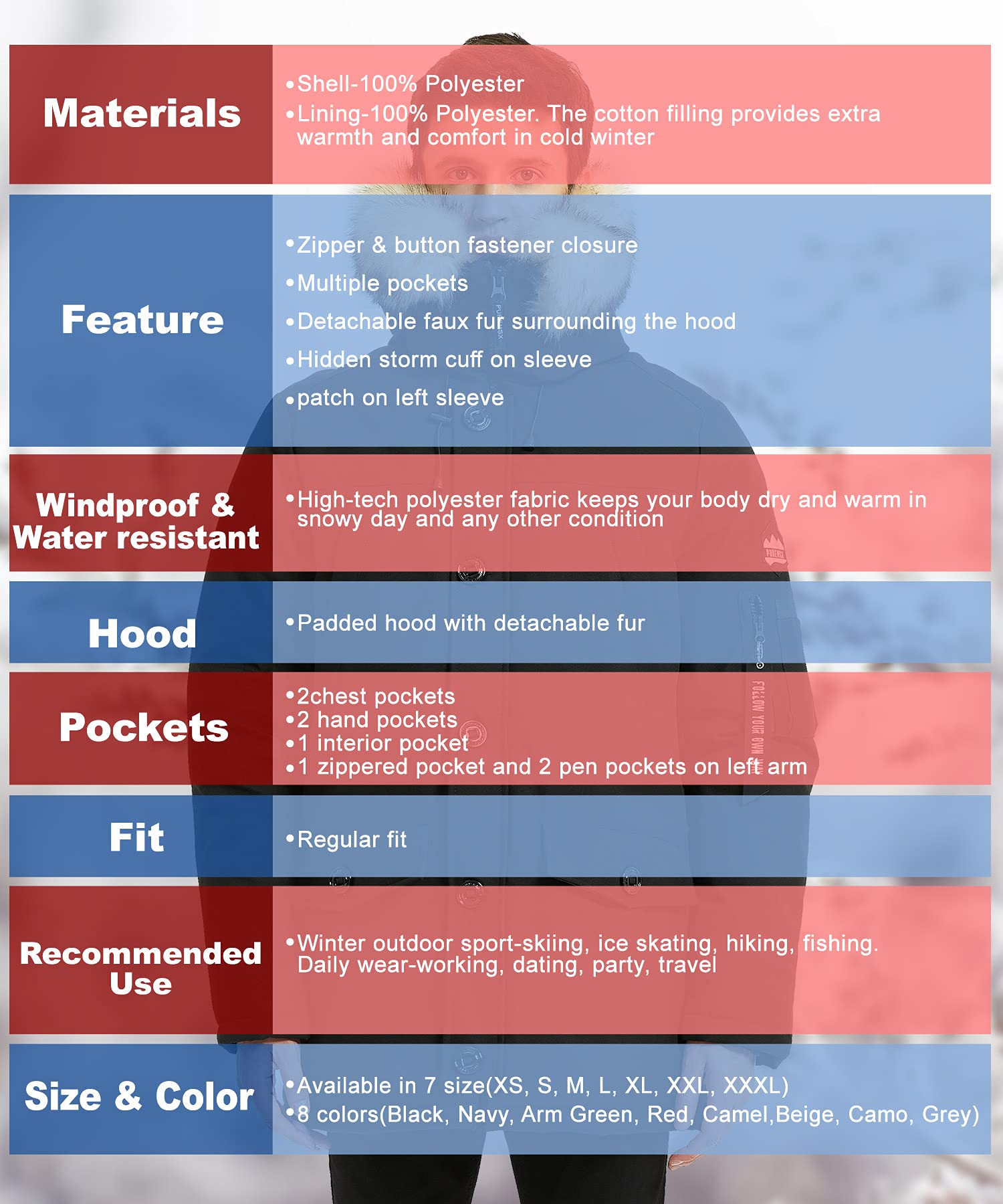 PUREMSX Men's Winter Jacket - Insulated Thick Warm Puffer Coat with Fur Hood | Waterproof Windproof Cold Weather Parka for Snow, Skiing & Outdoor Activities