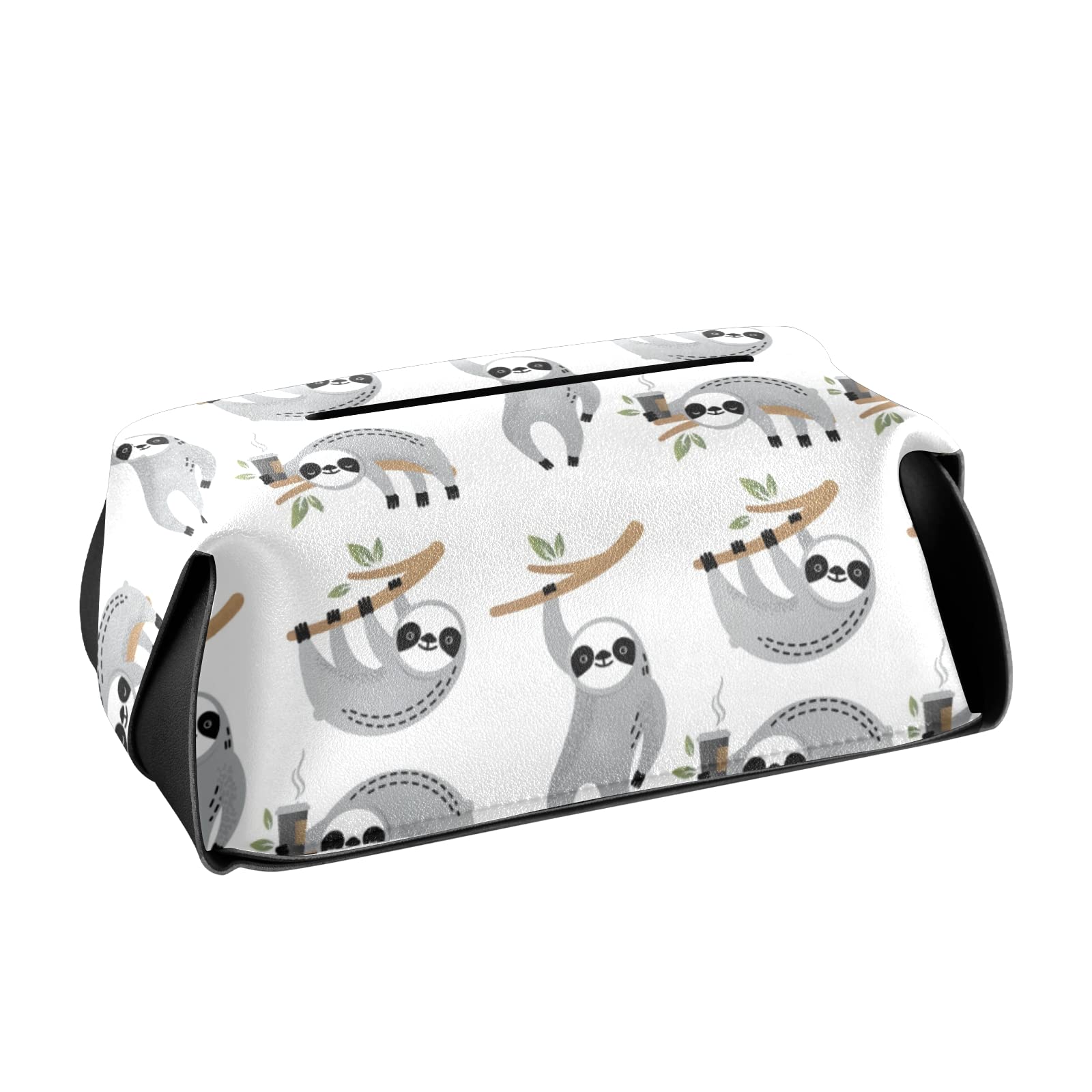 Stylish Grey Sloth Tissue Box Cover - Leather Square Design with Handle for Bathroom, Nightstand & Office Desk | 9.4x5.1x3.6 inches | Perfect Home Decor & Car Accessory