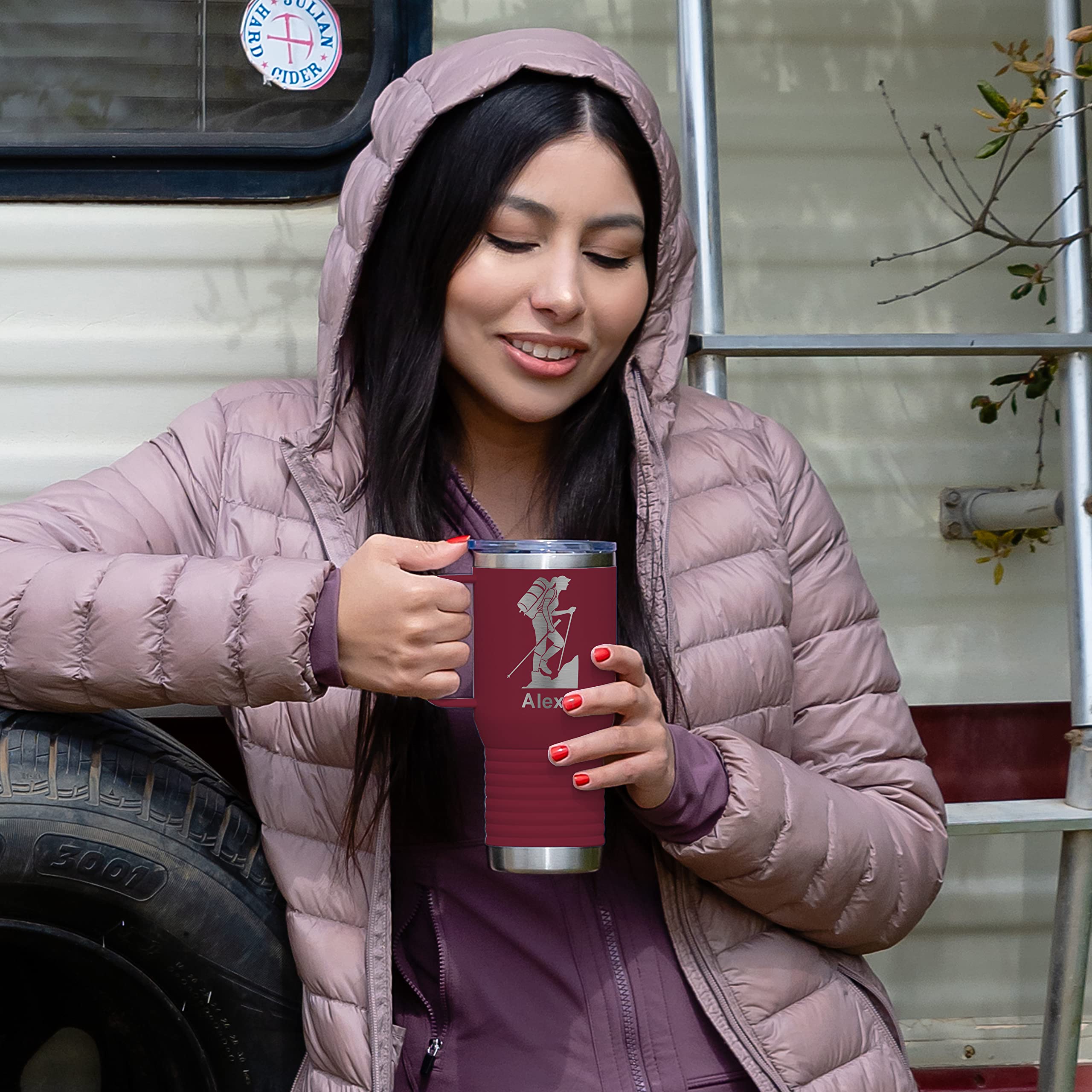 **20oz Vacuum Insulated Travel Mug with Handle - Personalized Christian Cross Engraving - Keeps Drinks Hot/Cold for Hours - Perfect for Commuting, Work & Outdoor Adventures (Maroon)**