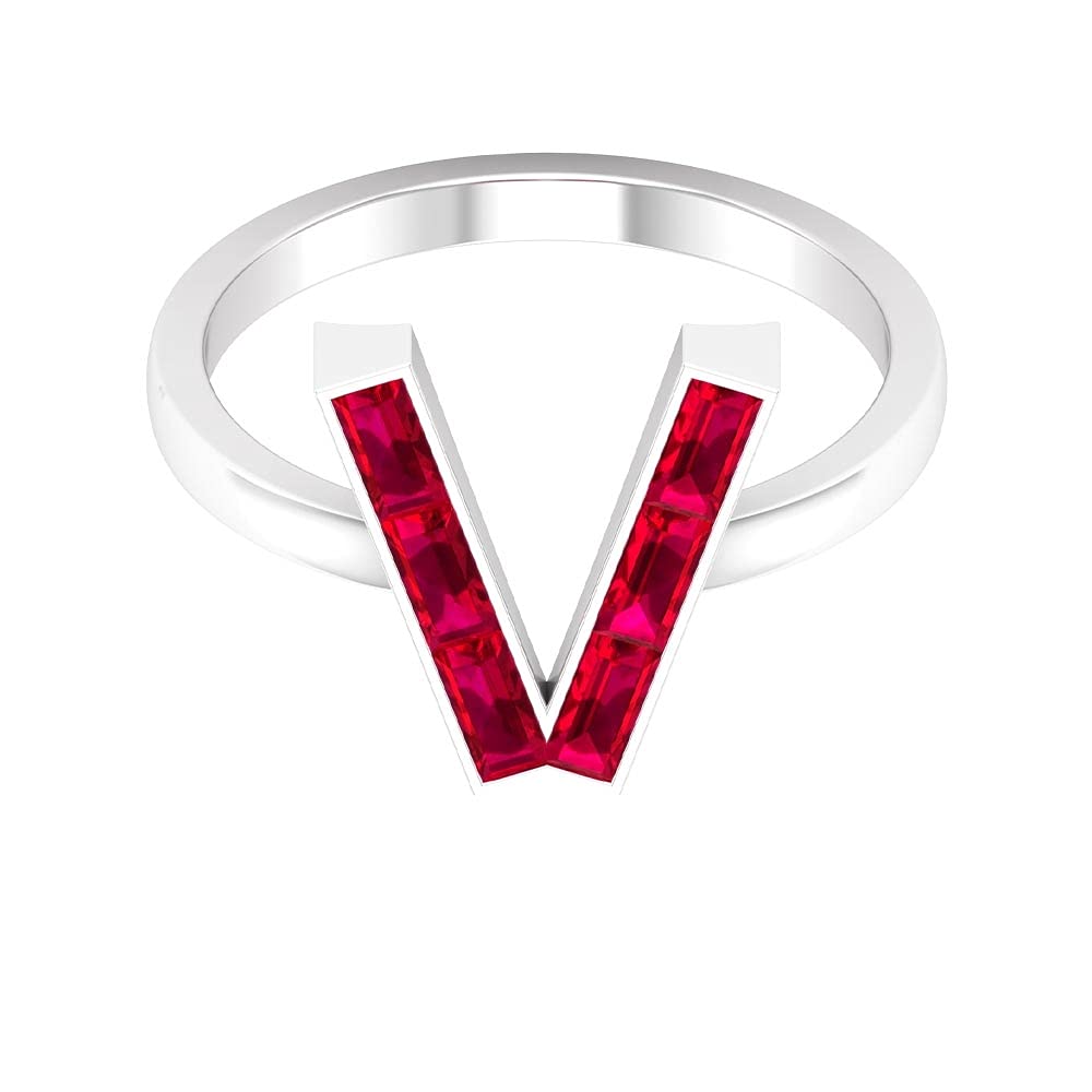 A-Z Alphabet Initial Rings - 14K White Gold Lab Created Ruby Baguette Channel Set Letter Rings for Women - Perfect for Birthdays, Anniversaries & Personalized Gifts