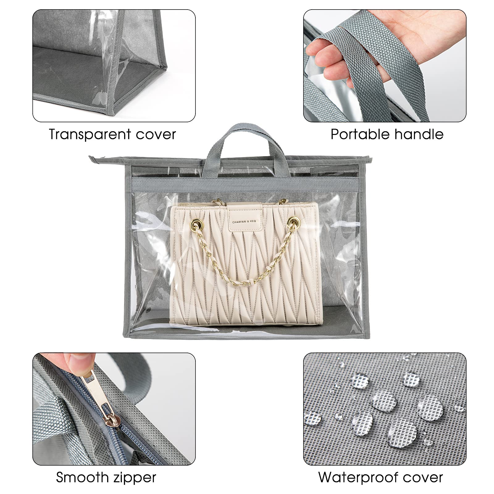 CINPIUK 10-Piece Clear Handbag Storage Organizer Set - Dustproof Purse Protector Bags with Hooks for Closet Organization (Grey) - Perfect for Travel, Home Storage & Luxury Bag Protection