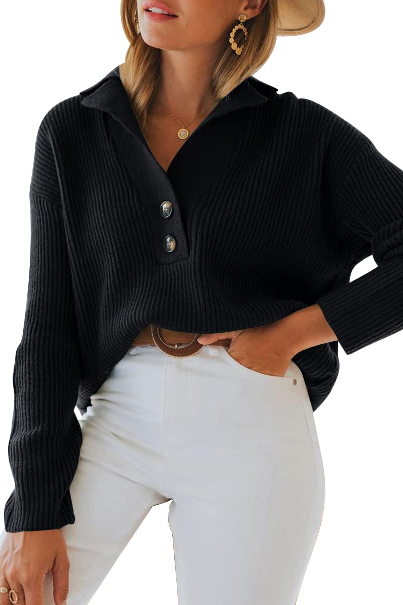LILLUSORY Women's V-Neck Pullover Sweater - Casual Cable Knit Chunky Warm Winter Sweater with Collar - Polo Style Tops for Work, Dating & Fall Fashion