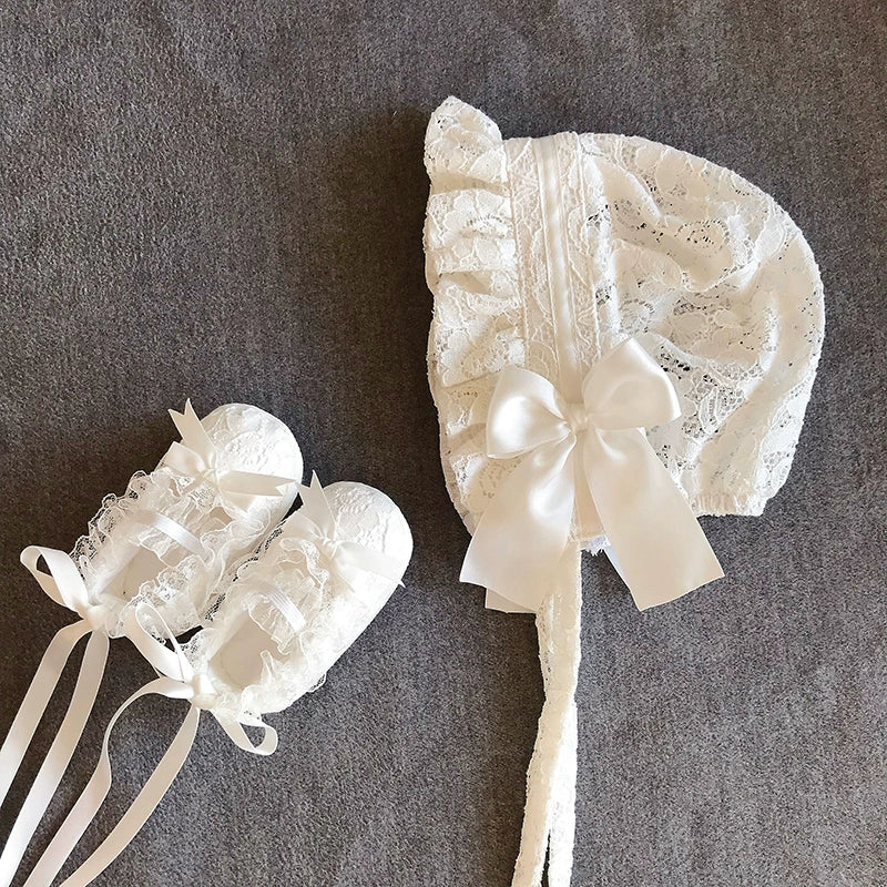 Baby Girl Princess Hat & Lace Shoes Set - Elegant Newborn Photo Outfit for Christening, Birthday & Special Occasions