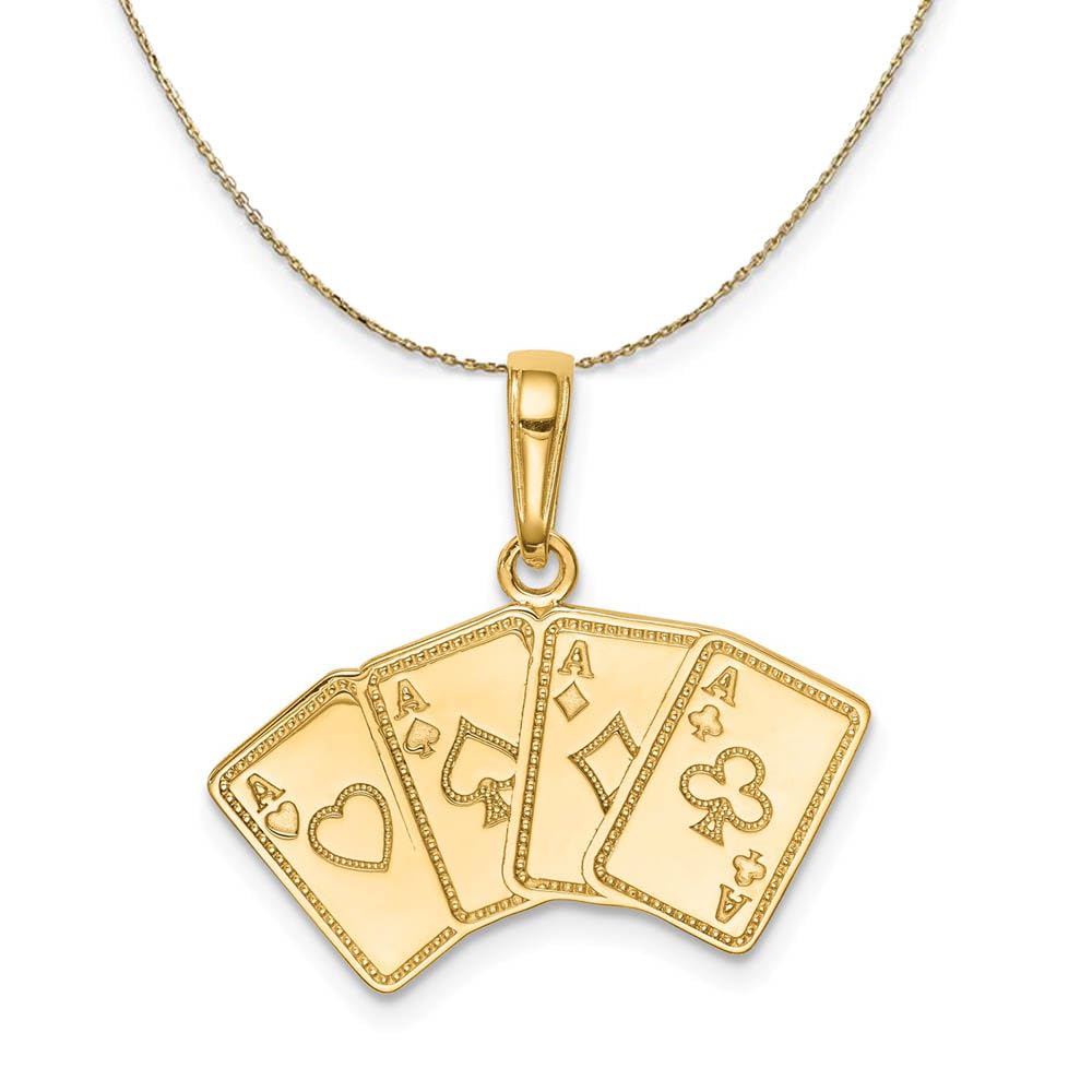 14K Yellow Gold Four Aces Playing Cards Necklace - Elegant Black Bow Pendant for Poker Lovers & Casino Themed Jewelry Gift | Perfect for Poker Nights, Casino Parties & Gambling Enthusiasts