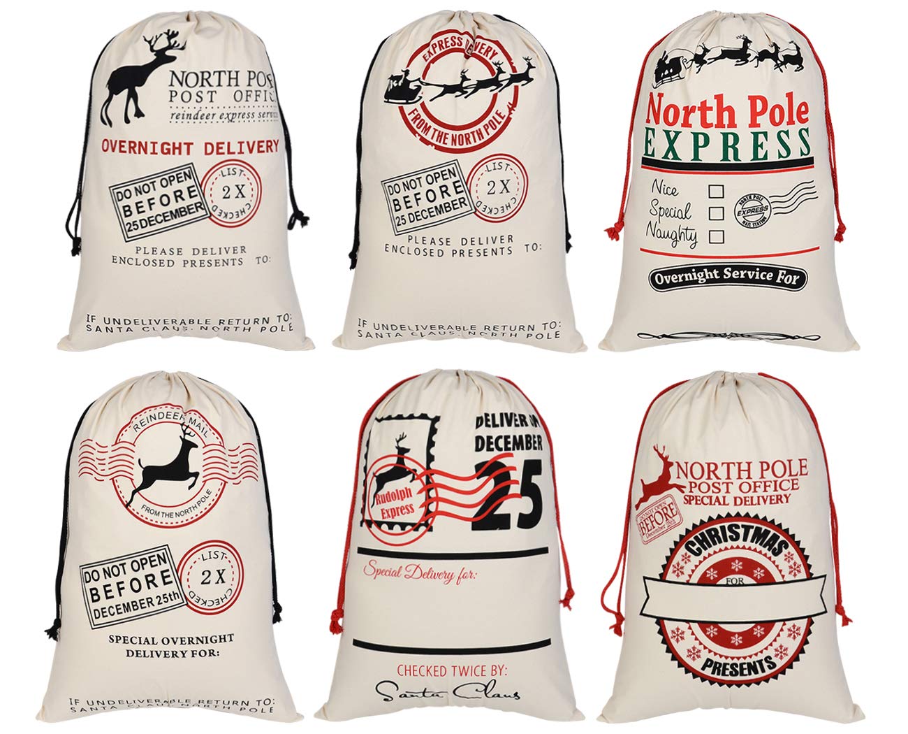 6 Pack Extra Large Christmas Santa Sacks - 27.5x19.7 Inch Reusable Cotton Canvas Drawstring Gift Bags for Xmas Presents, Stocking Stuffers & Holiday Storage - Perfect for Christmas Tree Decorations, Gift Wrapping & Party Favors