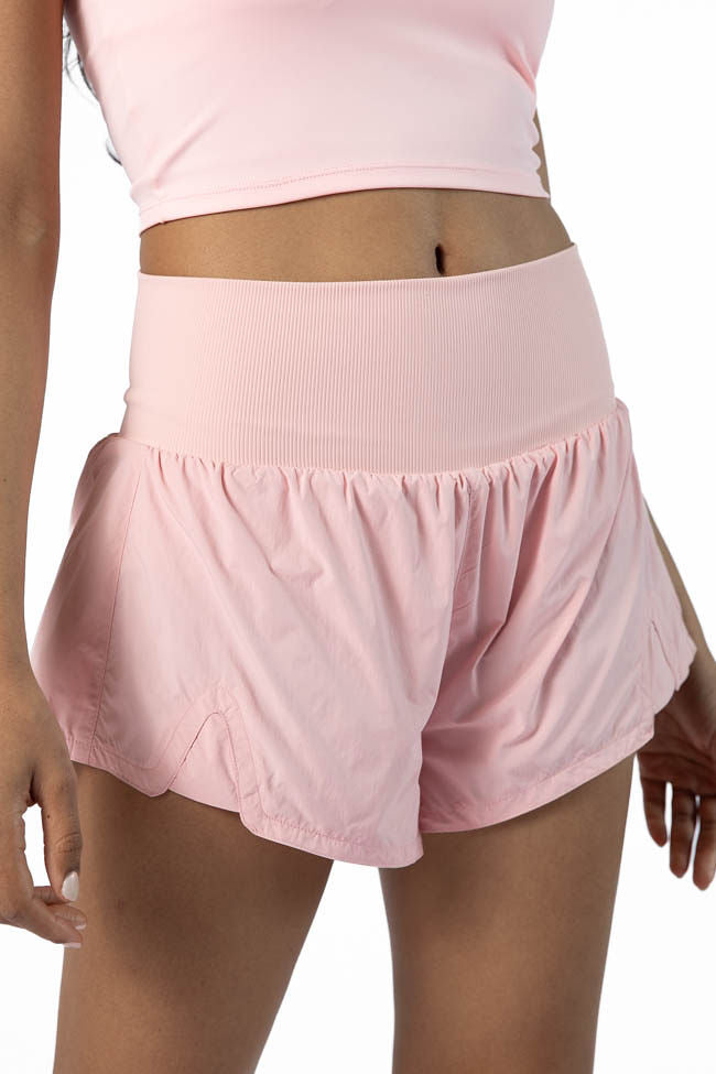 First Place Women's High-Waisted Pink Ribbed Running Shorts - Breathable Workout Shorts for Jogging, Gym & Yoga
