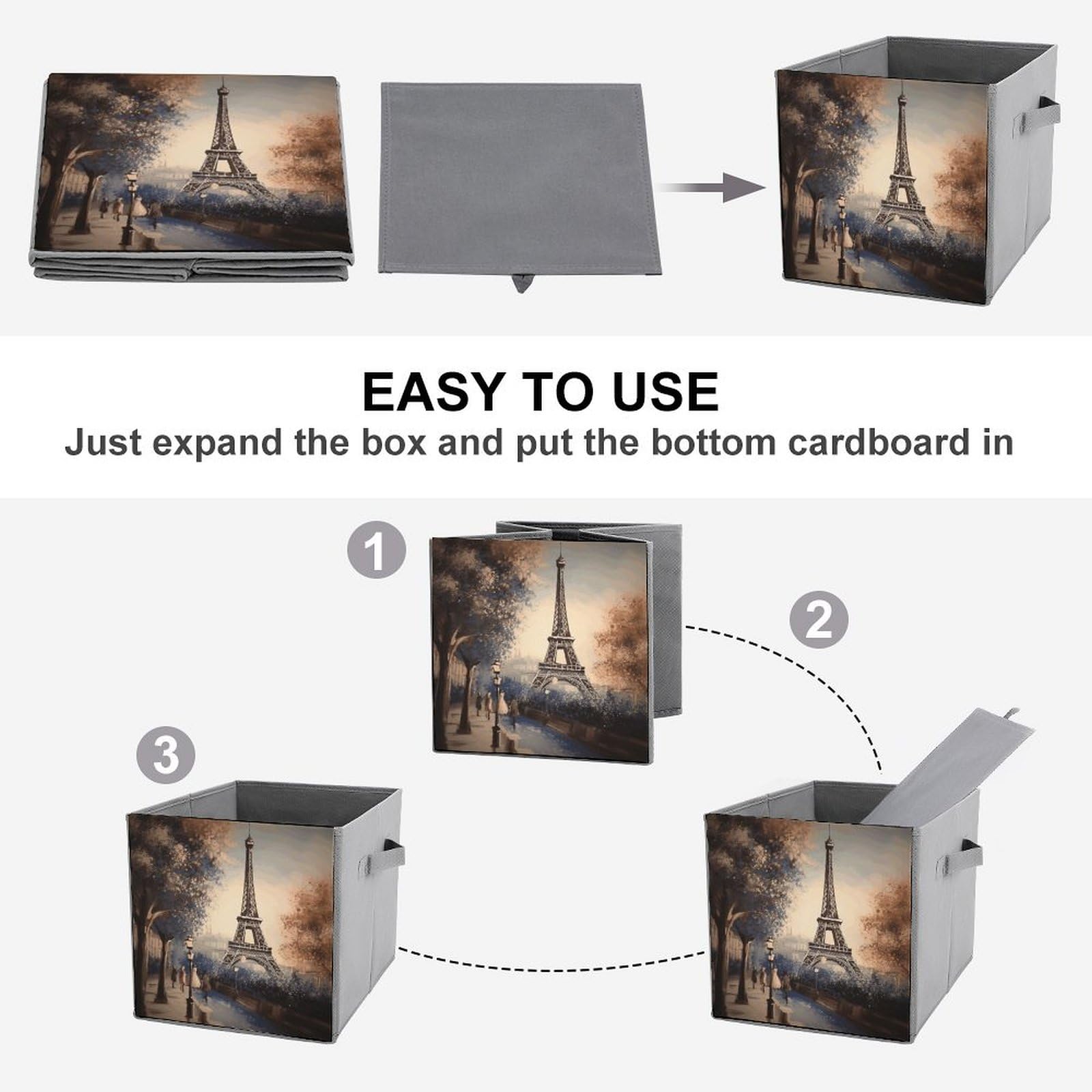 Foldable Storage Bins with Paris Eiffel Tower Print - Large Capacity Multi-Functional Organizer Box for Home, Office & Closet Organization (1-Pack) - Perfect for Storing Toys, Clothes, Books & Household Items