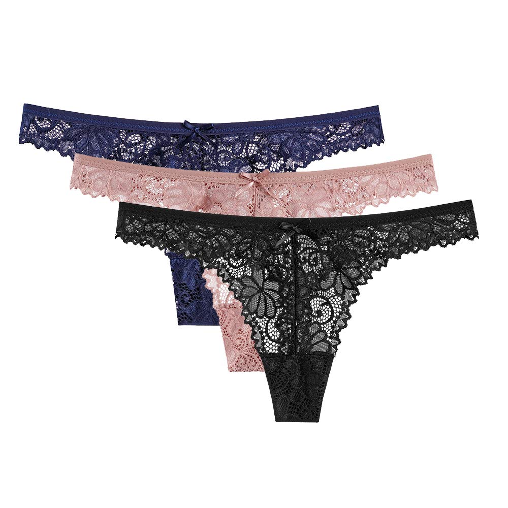 Sexy Lace Thong for Women - 3 Pack Thin Hollow Out T-Back Low Rise See Through Panties - Perfect for Date Night, Lingerie Set or Everyday Wear