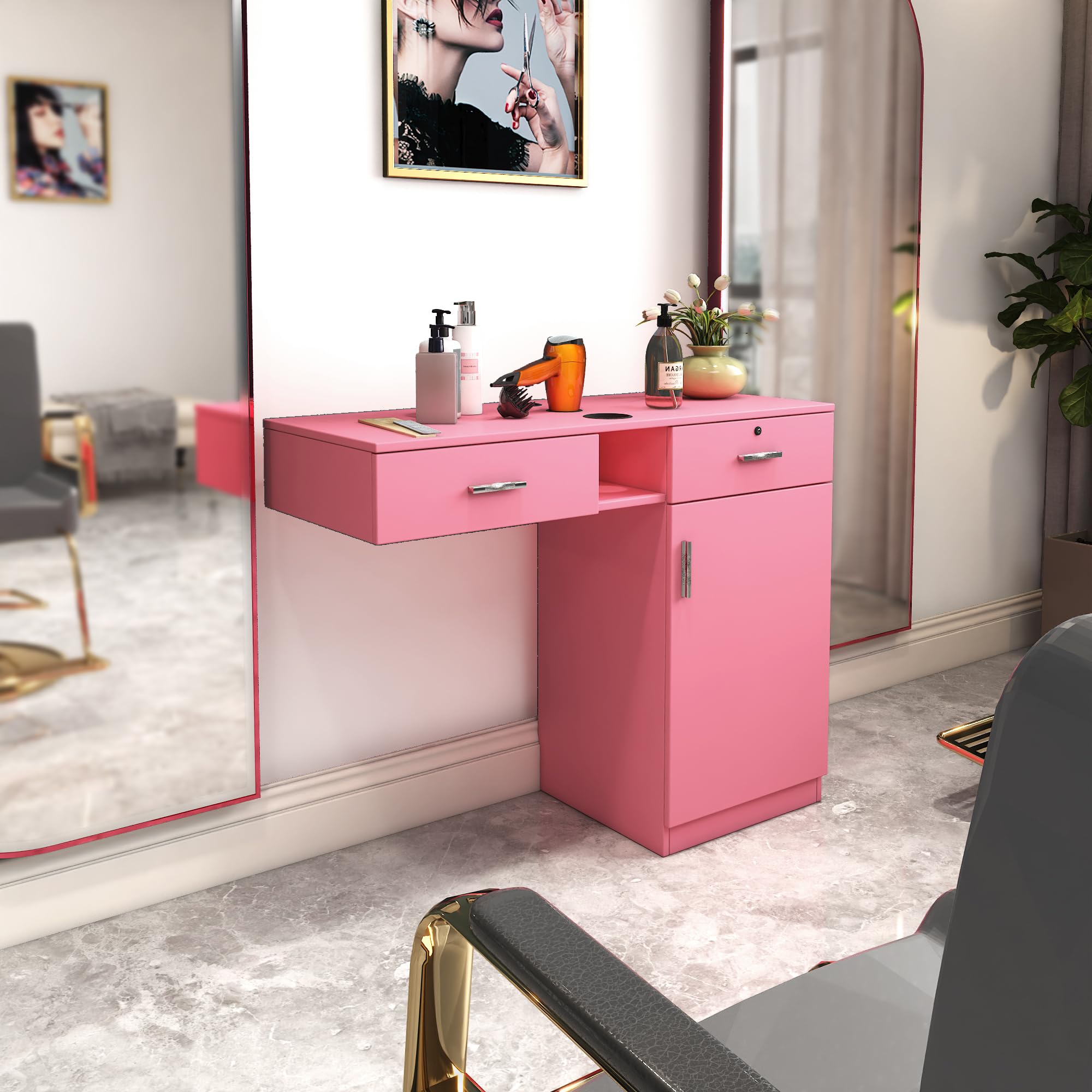 Taikonaut Wall Mount Barber Station w/Storage & Lockable Drawers - Salon Equipment for Stylists