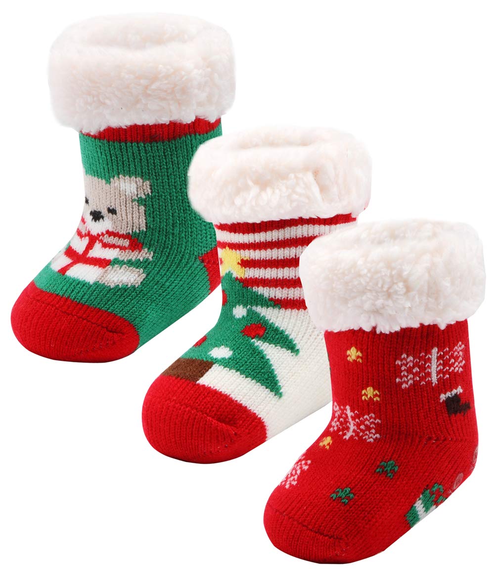 3 Pairs Toddler Sherpa-Lined Fuzzy Socks for Boys & Girls - Non-Slip Grips, Warm Winter Socks for Babies & Kids - Perfect for Christmas Gifts, Indoor Play & Cozy Home Wear