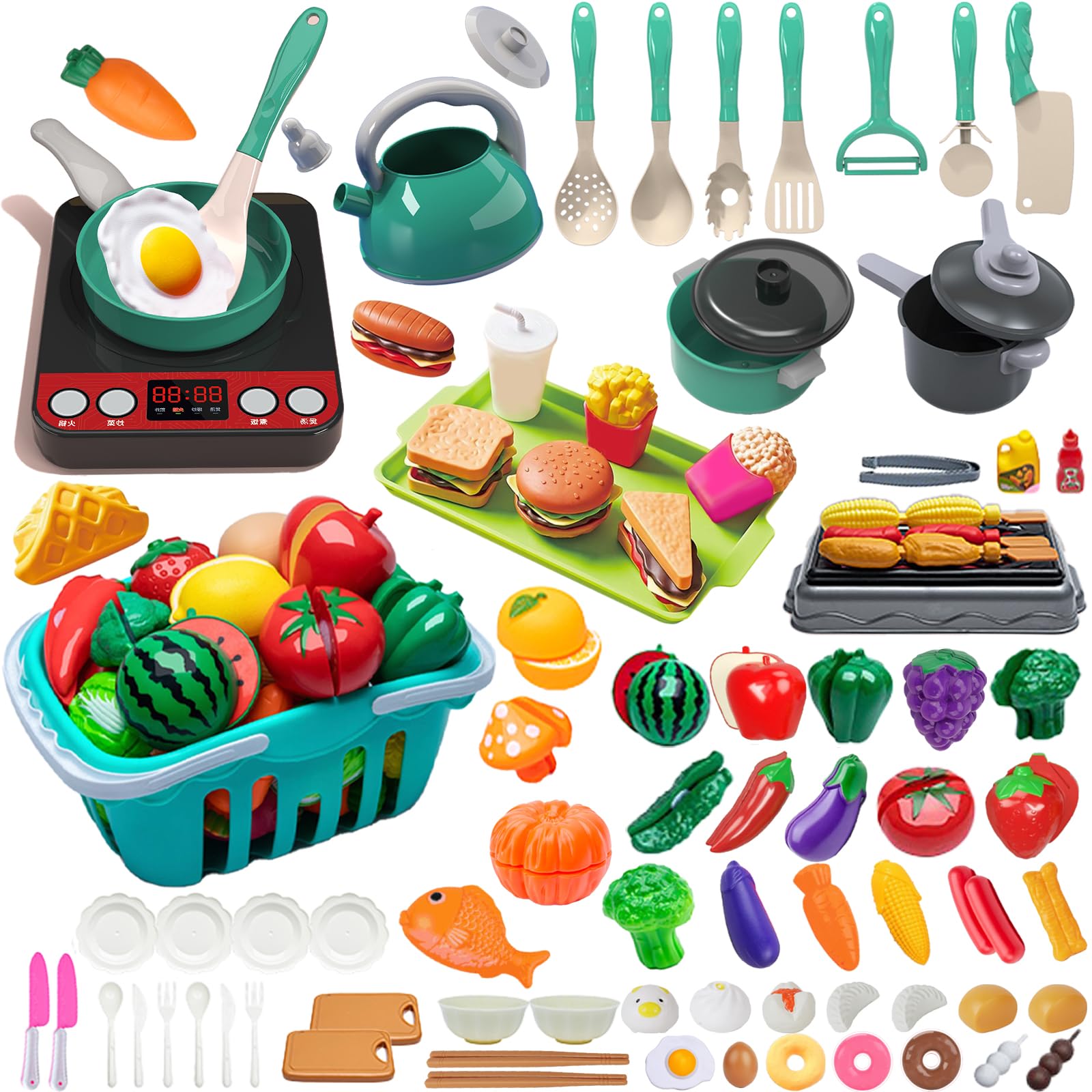 108Pcs Kids Kitchen Toy Accessories Set - Pretend Play BBQ Camping Cooking Utensils with Toy Vegetables & Cookware - Educational Learning Gift for Toddlers Girls & Boys - Perfect for Indoor Playtime & Birthday Parties