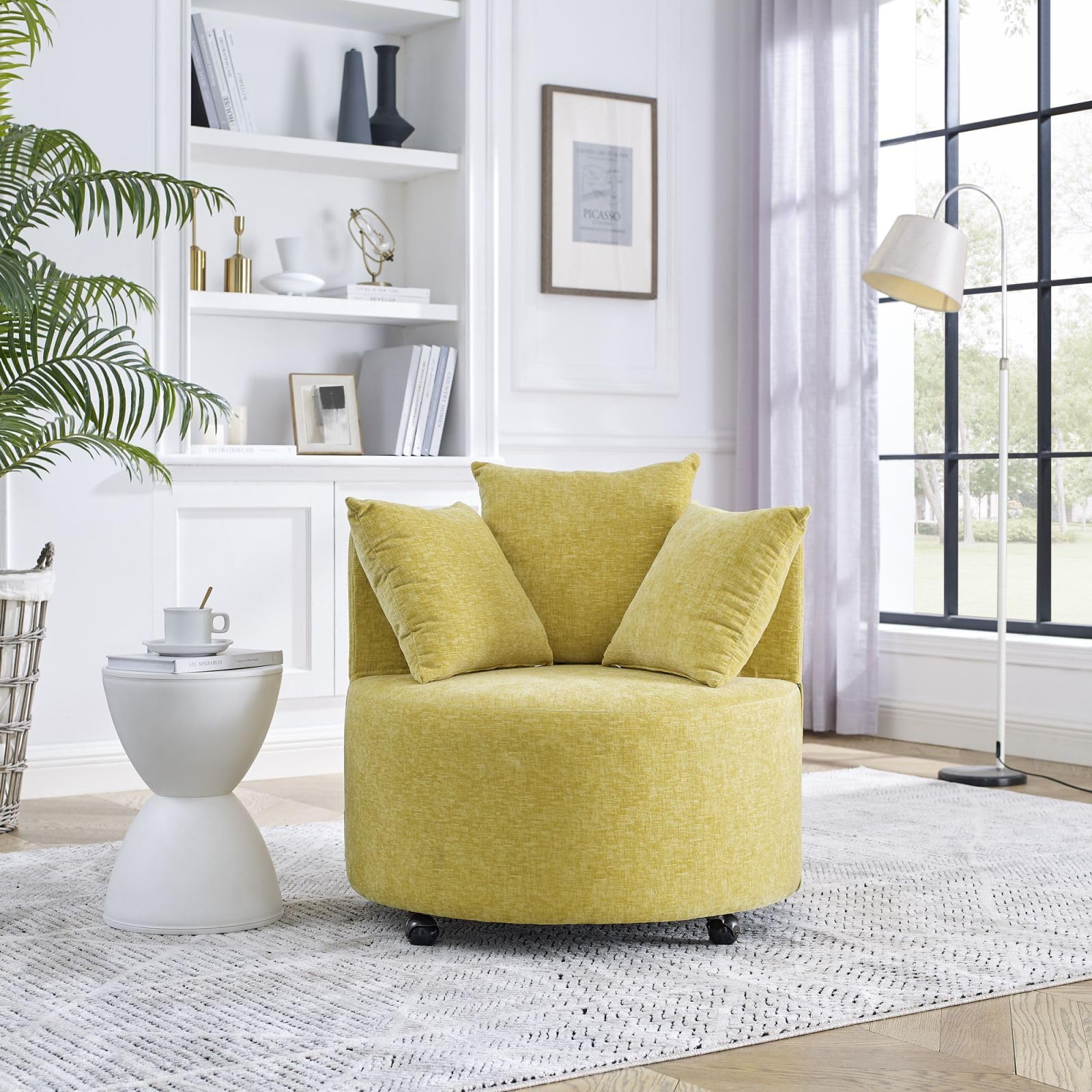 KEVINSPACE 30'' Small Swivel Barrel Chair - Round Comfy Club Chair with 4 Universal Caster Wheels, Boucle Fabric Accent Armchair in Yellow - Perfect for Living Room, Bedroom, Office or Lounge Reading Nook