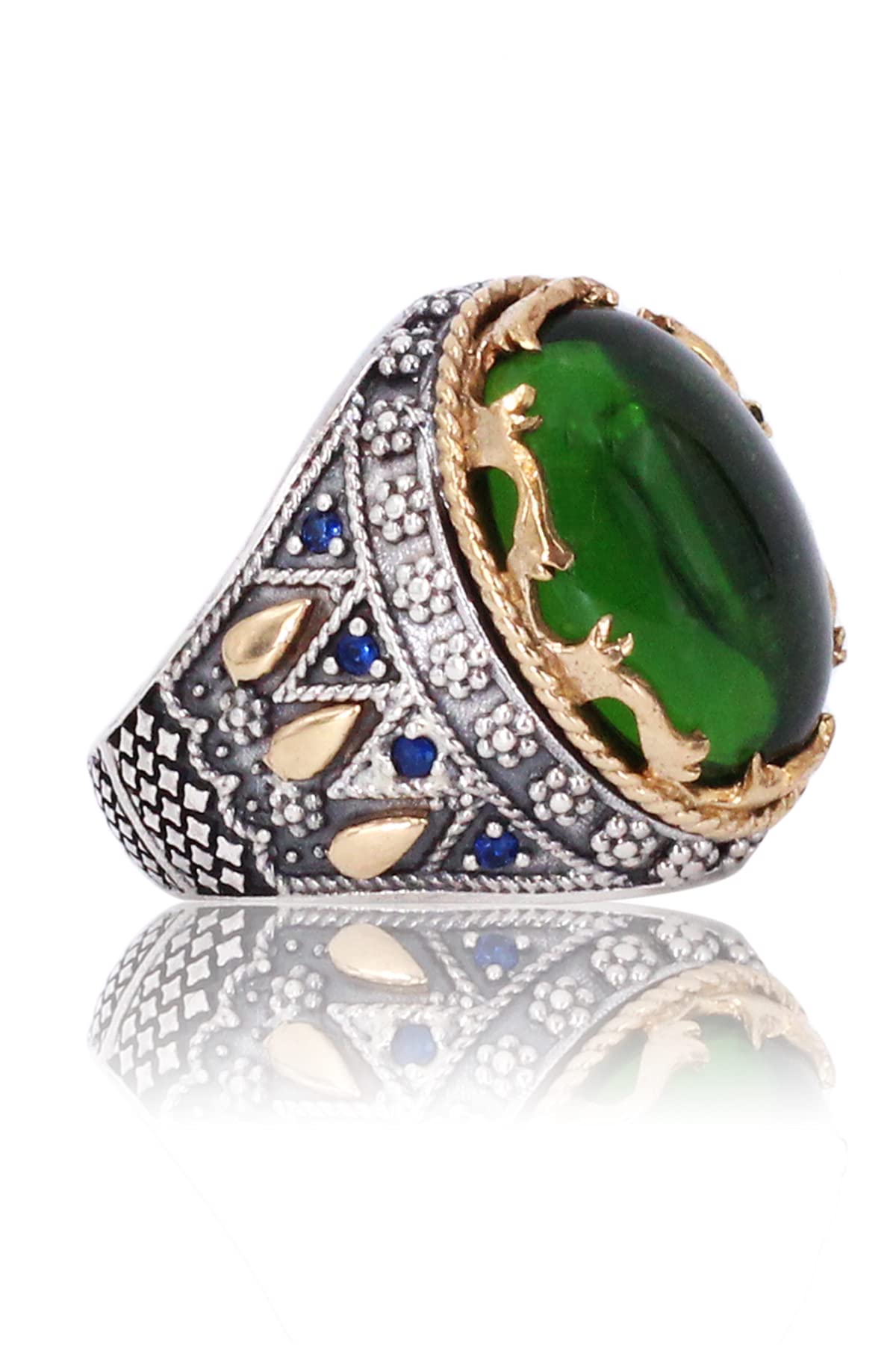 Handmade 925 Sterling Silver Emerald Ring for Men - Vintage Turkish Statement Ring - Size 7 - Perfect Christmas Gift for Him (Ideal for Weddings, Anniversaries & Special Occasions)
