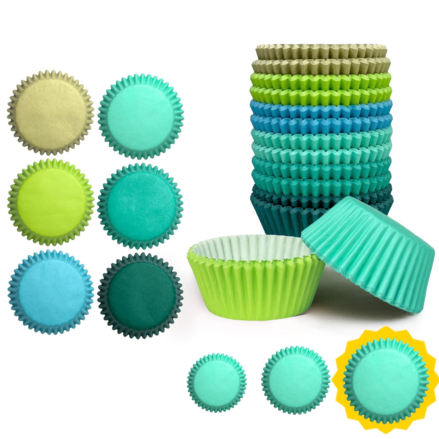 Qiqee Jumbo 300-Count Cupcake Liners - 6 Solid Green Colors Food Grade Baking Cups for Muffins & Cupcakes (Large Size) - Perfect for Birthday Parties, Baby Showers & Holiday Baking