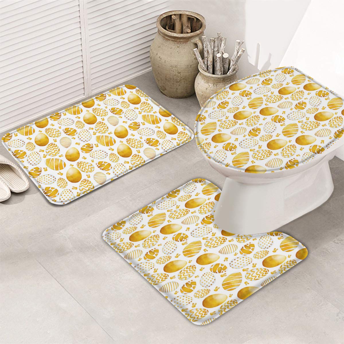 Non-Slip Bathroom Rug Set of 3 - Absorbent Washable Bath Mats with U-Shaped Toilet Mat & Lid Cover, Happy Easter Eggs Gold Design for Bathroom/Home Decor - Perfect for Easter Gifts, Housewarming & Bathroom Makeovers