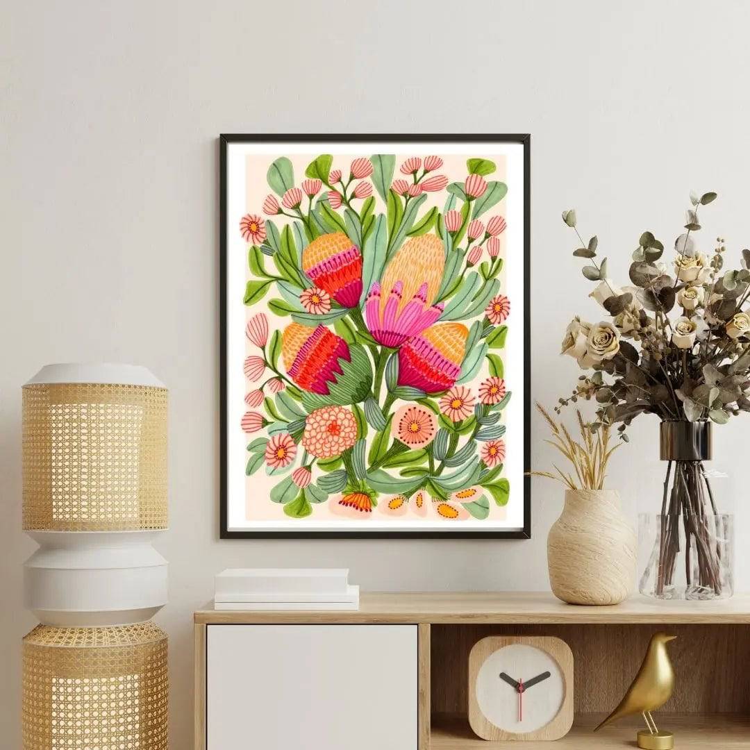 Protea & Gum Blossoms Botanical Art Print - Premium Floral Wall Decor for Living Room, Bedroom & Office | Nature-Inspired Home Decor Gift