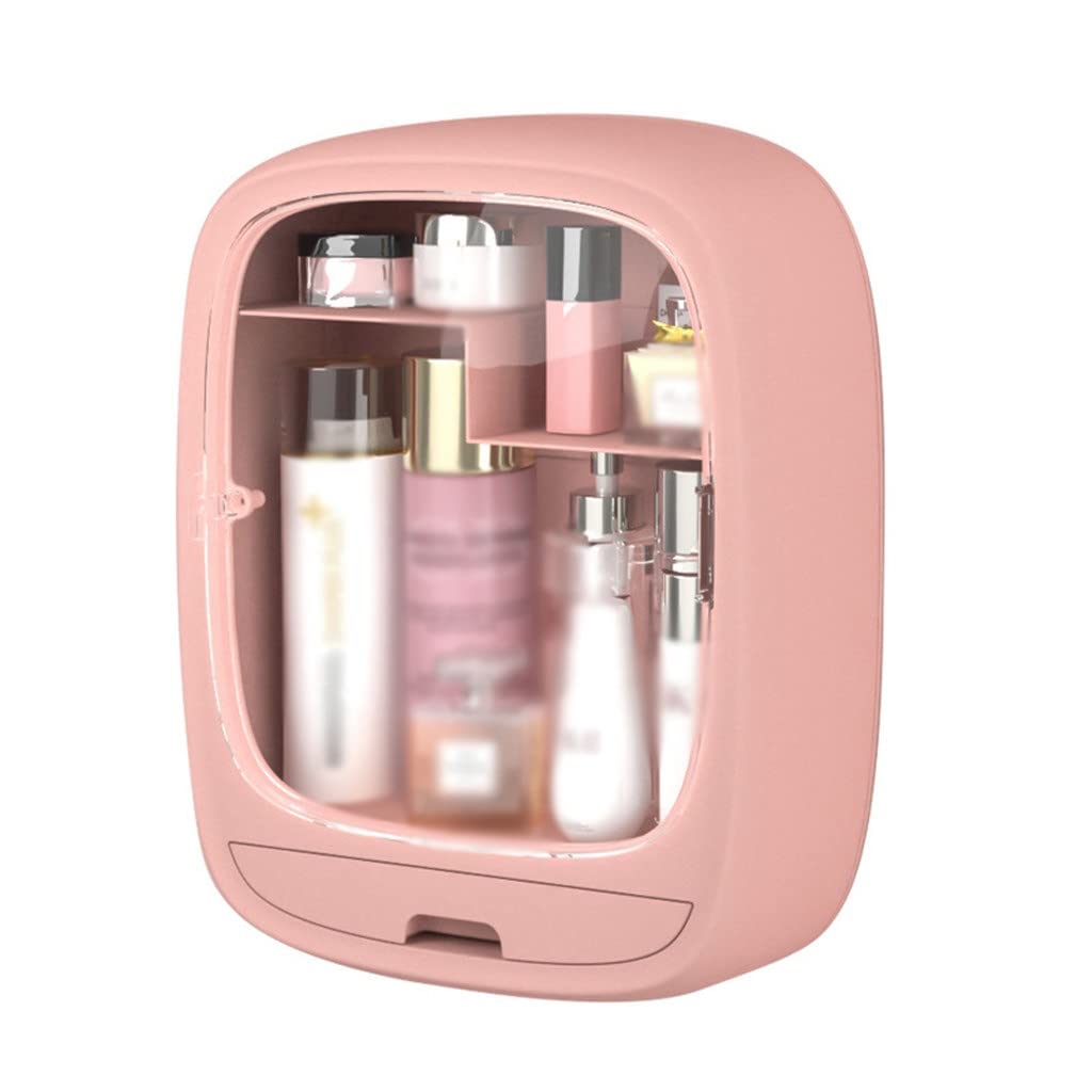 EKDSPW No Holes Wall Mount Makeup Organizer with Drawers - Transparent ABS Plastic Cosmetic Storage Box for Bathroom, Pink | Dustproof Makeup Case for Vanity, Bedroom & Travel