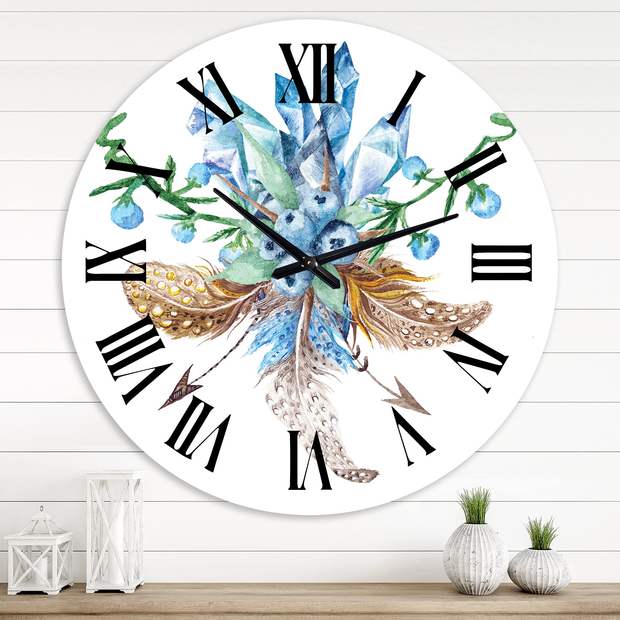 Fresh Tribal Vignette Wild Forest Wreath Design Large Wall Clock - Floral & Botanical Decor for Living Room, Bedroom, Office | Silent Non-Ticking Traditional Clock for Home & Workspace