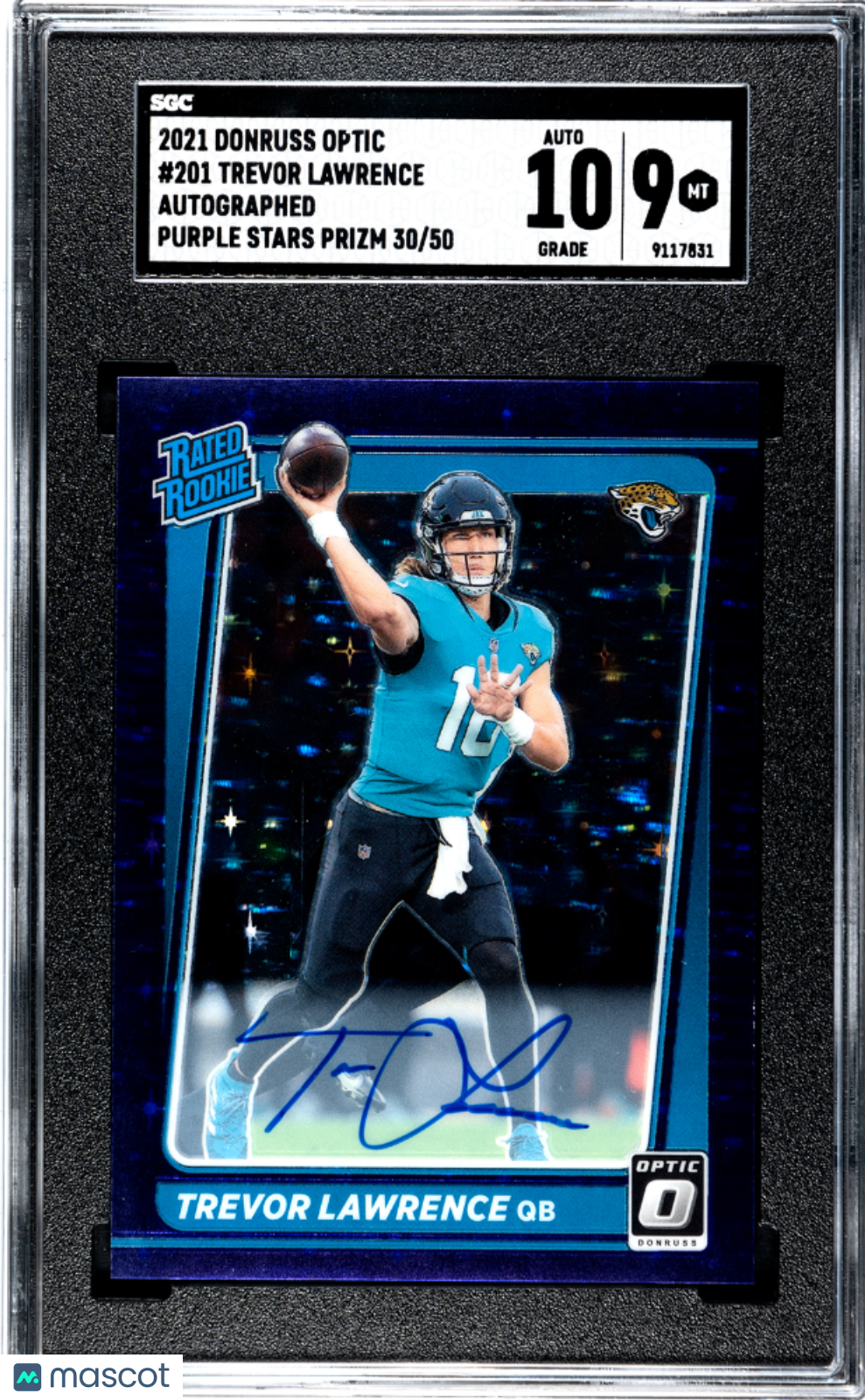 2021 Donruss Optic Trevor Lawrence Purple Stars Rookie Auto 30/50 #201 SGC 9 Graded Football Card - Perfect for Collectors, Investors & Sports Memorabilia Displays