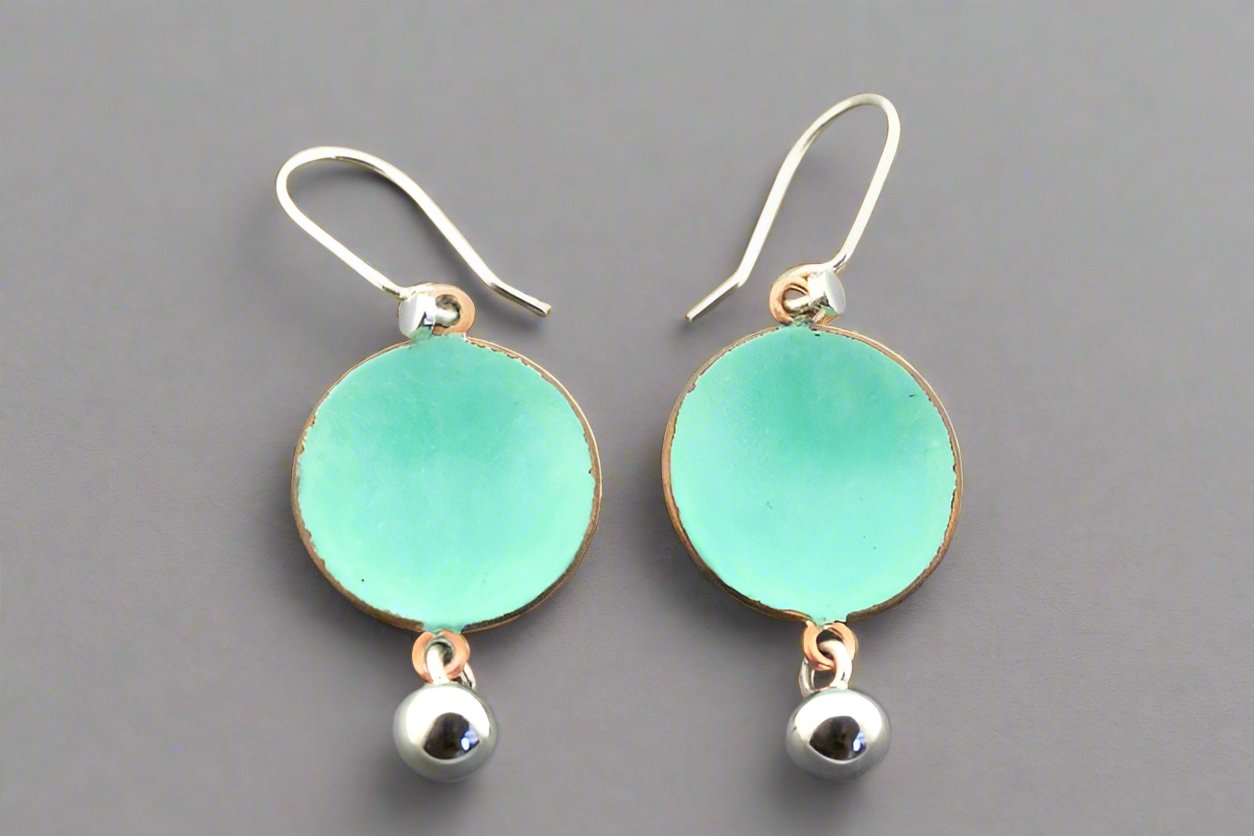 Handmade Copper Patina Disc & Sterling Silver Ball Earrings - Boho Chic Dangle Earrings for Women - Perfect for Parties, Weddings & Everyday Wear