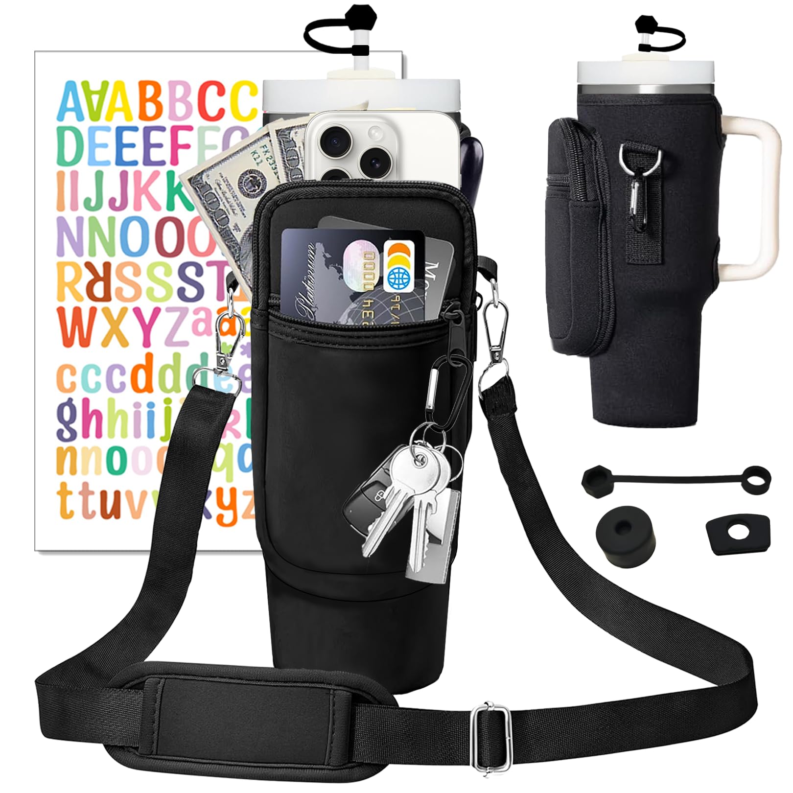 Adoryoung Cup Carrier Holder Bag with Adjustable Strap - Water Bottle Pouch with Metal Hook Loop for 40 oz Stanley Tumbler - Crossbody Sling Bag for Walking, Hiking & Travel (Black) - Perfect for Outdoor Activities, Gym & Daily Commute
