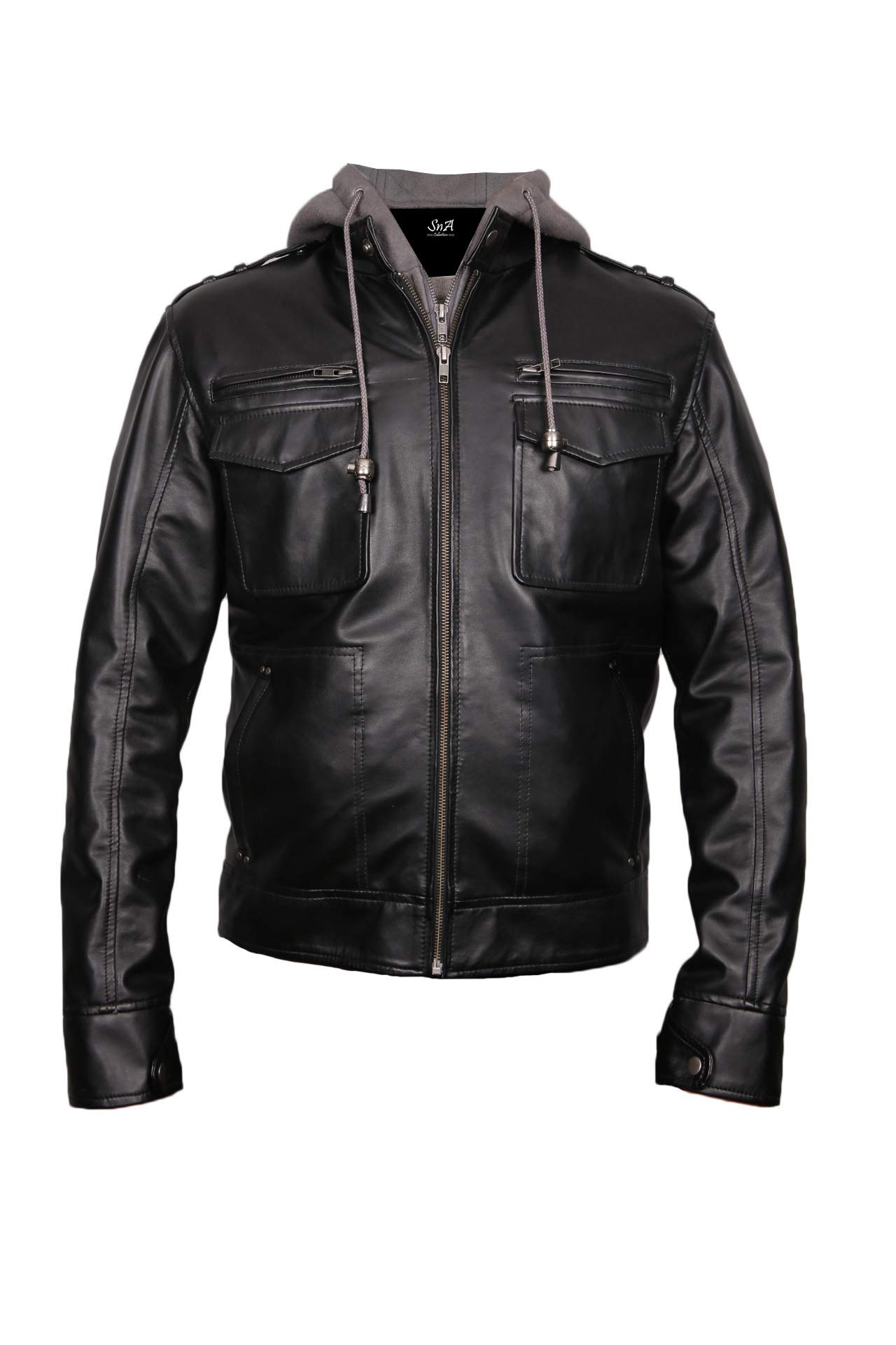 Men's Grey Hooded Leather Jacket - Premium Biker Style Jacket for Men | Winter Warm Coat, Casual & Motorcycle Riding Outerwear