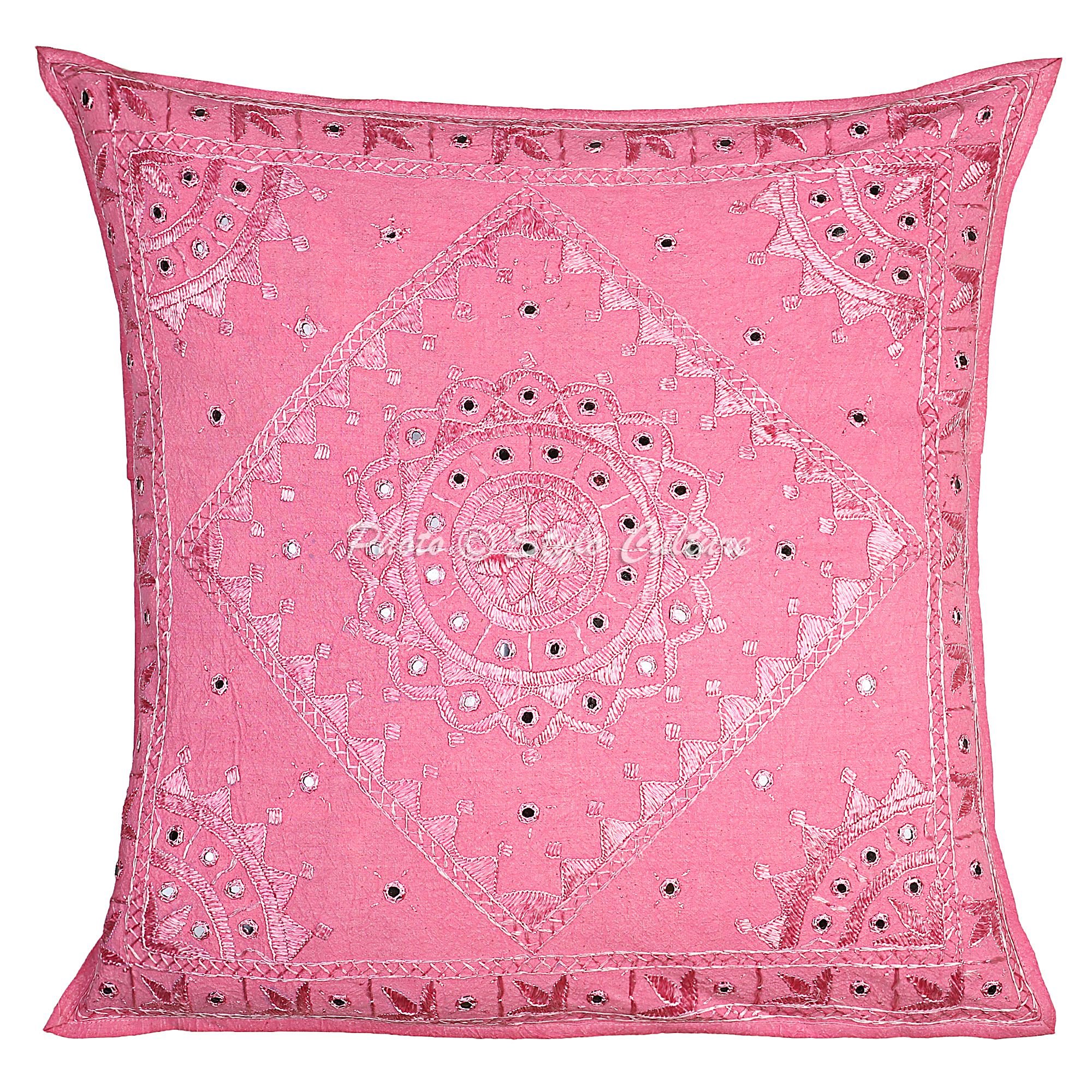 Hand Embroidered Bohemian Indian Chair Seat Throw Pillow Cover 24x24 Inch (60x60 cm) - Cotton Mirrored Square Cushion Cover for Sofa, Bed, Living Room Decor - Baby Pink Home Decoration | 1 Piece
