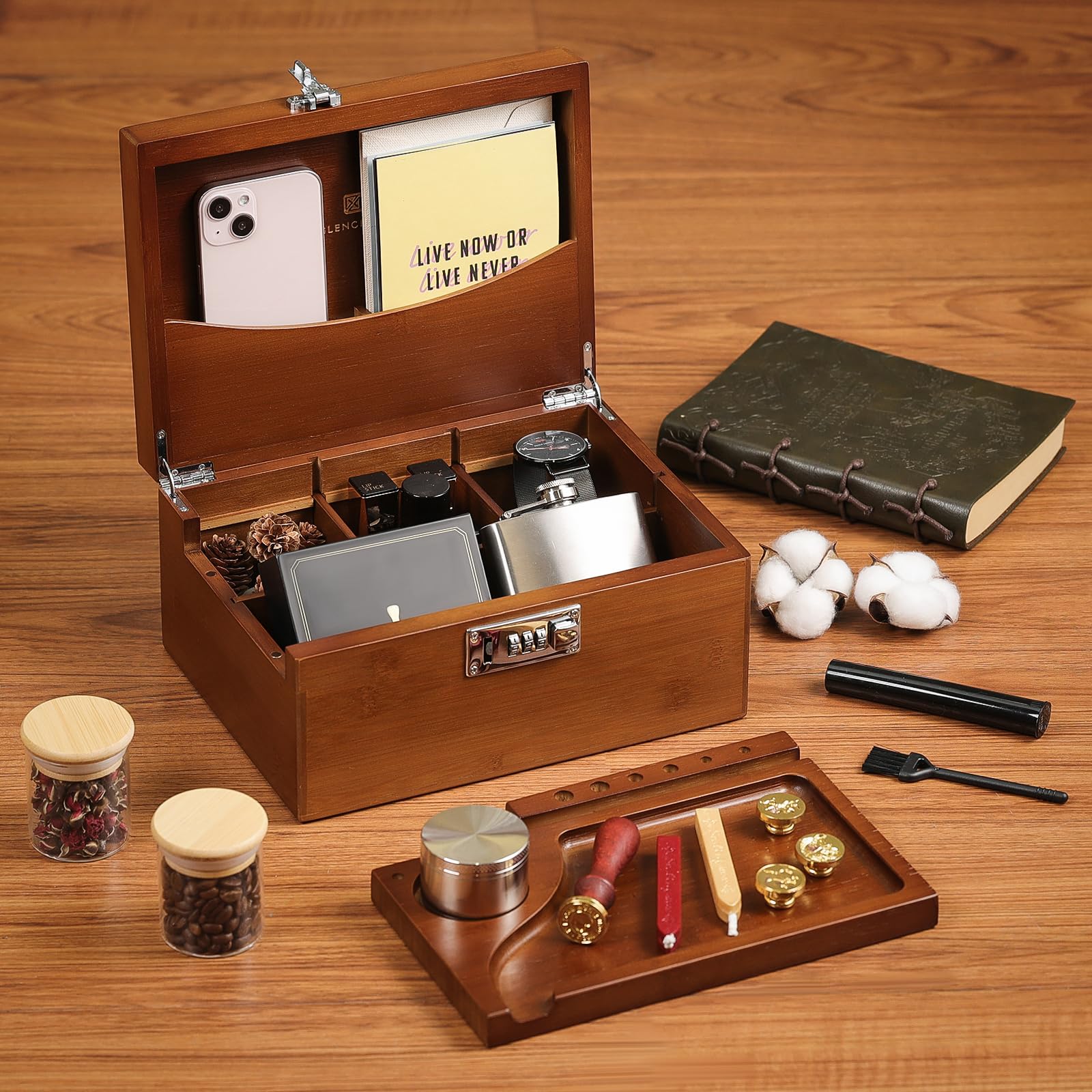 Smell Proof Bamboo Stash Box with Lock - Large Rolling Tray Storage Set Includes Glass Jars & Herb Grinder - Decorative Gift for Men & Women - Perfect for Organizing Smoking Accessories at Home or Travel