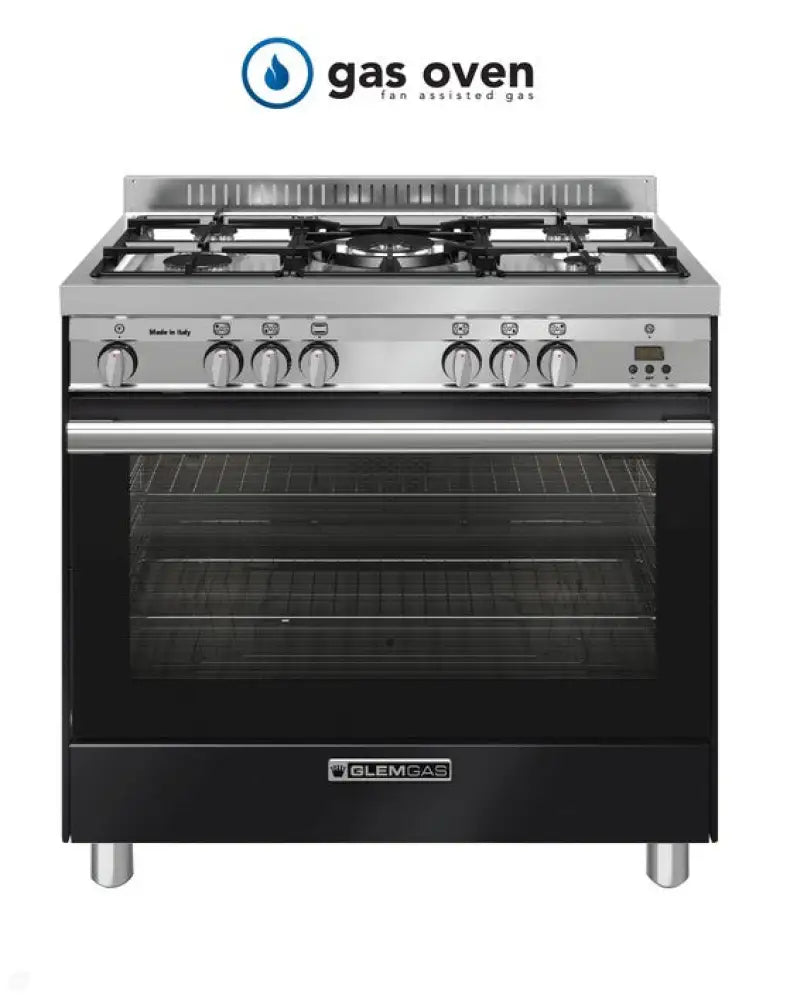 Glem GA965GGXN 90cm Gloss Black Steel Gas Cooker - Professional 5 Burner Stove for Home Kitchen, Restaurant & Outdoor Cooking
