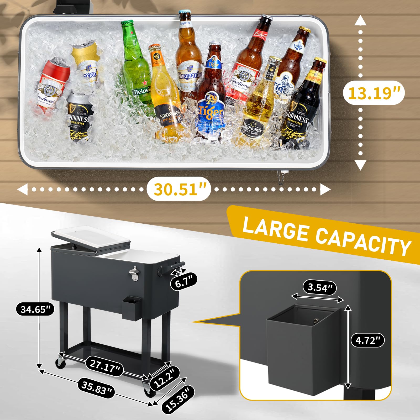 Outvita 80 Quart Rolling Cooler with Wheels - Insulated Ice Chest for Drinks & Food, Portable Beverage Cooler with Drain Spout, Storage Tray & Built-in Bottle Opener - Perfect for Beach, BBQ, Camping, Tailgating & Outdoor Parties